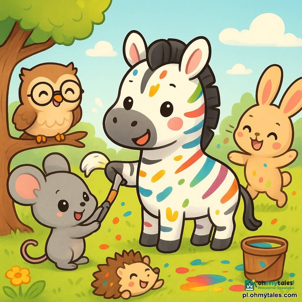 Mały szary szczur z uśmiechem, o kulistych oczach, używa ogona jak pędzla pokrytego białą farbą, radośnie malując pasy na dużej zebrze; zebra, pierwotnie bez pasków, stoi w środku polany z zachwyconym wyrazem i wielobarwnymi plamami farby na pyszczku i łapach. Po lewej mała sowa w okrągłych okularach śmieje się, siedząc na niskiej gałęzi; po prawej królik o dużych uszach podskakuje, śmiejąc się i mając na sobie rozbryzgi farby. Bardzo uroczy jeż przewraca się na grzbiet na pierwszym planie, kolce z kolorowymi kroplami, również się śmiejąc. Słoneczna polana z zielonym mchem, żółtymi kwiatami, małymi kałużami tęczowej farby oraz wiaderkiem i grubym pędzlem przy pniu; ogólny nastrój radosny, żywe kontrastowe kolory, zaokrąglone cechy i przerysowane wyrazy twarzy, rozbryzgi farby dla zabawnego efektu.