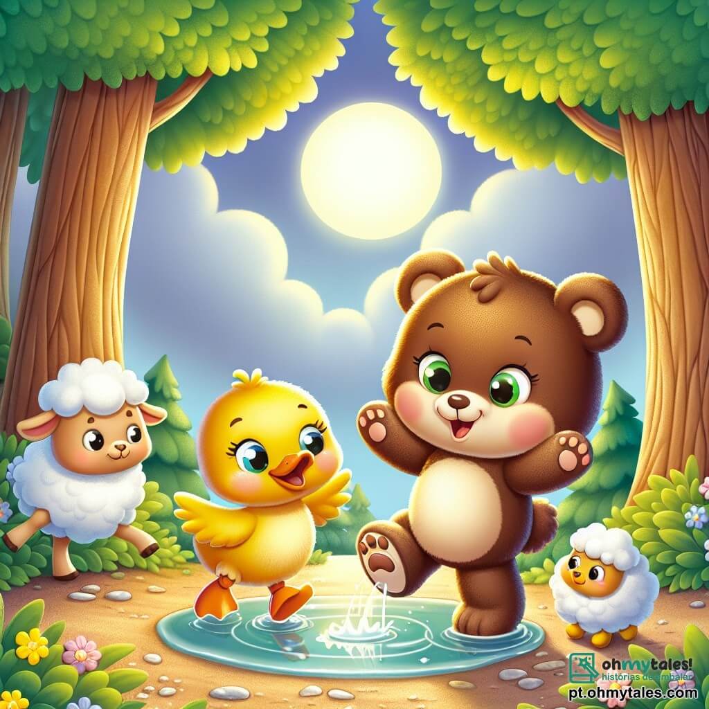 Uma ursa chamada Lili, com pelagem marrom suave e olhos brilhantes de travessura, está no centro da imagem, sorridente e cheia de energia, pronta para a aventura. Ao seu lado, um pequeno pato amarelo chamado Zé, com bico laranja e penas brilhantes, olha para Lili com entusiasmo, suas pequenas asas levemente abertas, pronto para segui-la. Um pouco atrás, uma doce ovelha branca chamada Lúcia, com olhos redondos e curiosos, ri, suas patas no ar, como se tivesse escorregado em uma poça de lama. O cenário é na entrada de uma floresta encantada, onde grandes árvores com troncos grossos e folhas verdes brilhantes formam um abrigo natural. Flores coloridas enfeitam o chão, e uma suave luz da lua ilumina o caminho, criando uma atmosfera mágica e acolhedora. A cena principal mostra Lili, Zé e Lúcia prontos para atravessar uma grande poça de lama, rindo juntos enquanto constroem uma pequena ponte de galhos para não se sujar. A imagem captura o espírito de aventura e amizade, com risadas e expressões alegres em seus rostos.