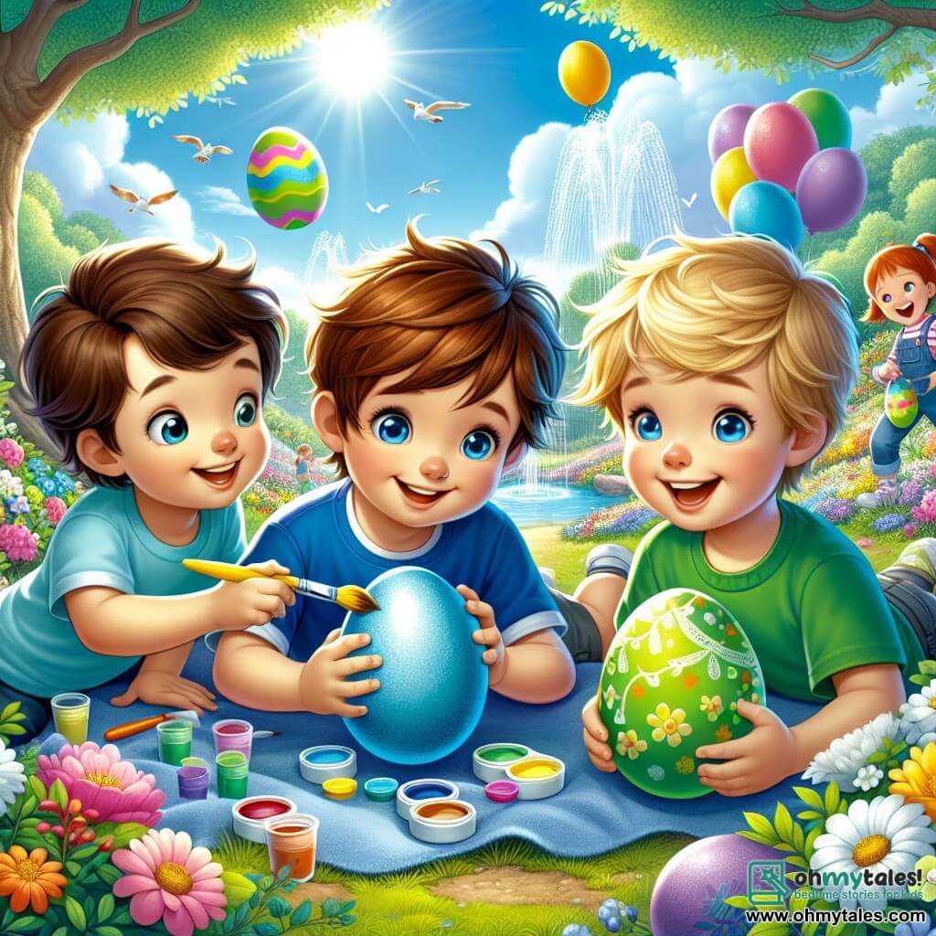 Three little boys are painting Easter eggs in a sunny park. Max, a 7-year-old with brown hair and glasses, sits on a blue blanket holding a shiny blue egg. Leo, a 6-year-old with blonde hair and sparkling eyes, leans forward with a yellow paintbrush, laughing joyfully. Sam, a 5-year-old with brown hair and a green t-shirt, stands next to them proudly showing off a green egg. The park is filled with colorful flowers, floating balloons, and a large tree with sprawling branches, under which there is a sparkling fountain. The sky is blue with a few fluffy white clouds, and children play around, adding to the festive atmosphere. The three boys are creating joyful memories while painting Easter eggs, laughing and having fun together, surrounded by the magic of spring and the spirit of Easter.