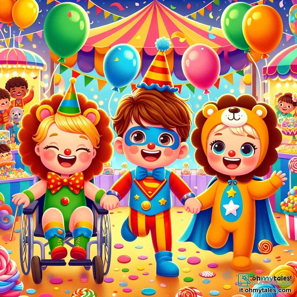 In una scena gioiosa di carnevale, tre amici si trovano al centro della festa. Leo, un ragazzo di 7 anni con capelli ricci castani e un grande sorriso, indossa un costume da clown colorato con palloncini attaccati alla cintura. Alla sua destra, Max, un ragazzo di 6 anni con capelli biondi e occhi scintillanti, è travestito da supereroe con un mantello rosso che fluttua dietro di lui. A sinistra, Tomi, un ragazzo di 5 anni in sedia a rotelle, indossa un costume da leone con una bella criniera dorata e orecchie di feltro. Il decor è pieno di colori vivaci: stand di dolci, palloncini fluttuanti e ghirlande di fiori. I tre amici, mano nella mano, si preparano a ballare al ritmo della musica coinvolgente che risuona nell'aria, i loro volti illuminati dalla gioia e dall'eccitazione di questa giornata festiva.