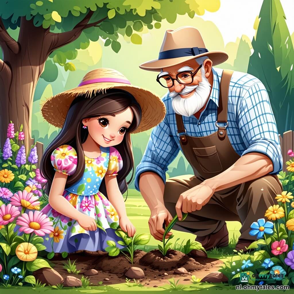 Een 8-jarig meisje, Emma, met lange bruine haren en sprankelende ogen, plant bloemen in een zonnige tuin. Ze draagt een mooie bloemenjurk in felle kleuren en een strohoed ter bescherming tegen de zon. Haar gezicht straalt van opwinding en nieuwsgierigheid. Naast haar staat een oudere man van ongeveer 70 jaar met een witte baard en ronde bril, die vriendelijk glimlacht. Hij draagt een geruite shirt en tuinbroek en laat Emma zorgvuldig zien hoe ze de bloemen moet planten. De tuin is vol kleurrijke bloemen, met rode tulpen, gele narcissen en paarse viooltjes. Groene bomen met heldere bladeren omringen de tuin, en een helderblauwe lucht met enkele witte wolken maakt het lenteplaatje compleet. De belangrijkste situatie toont Emma en de man die samen werken, terwijl de zonnestralen de scène verlichten en een vrolijke, levendige sfeer creëren.