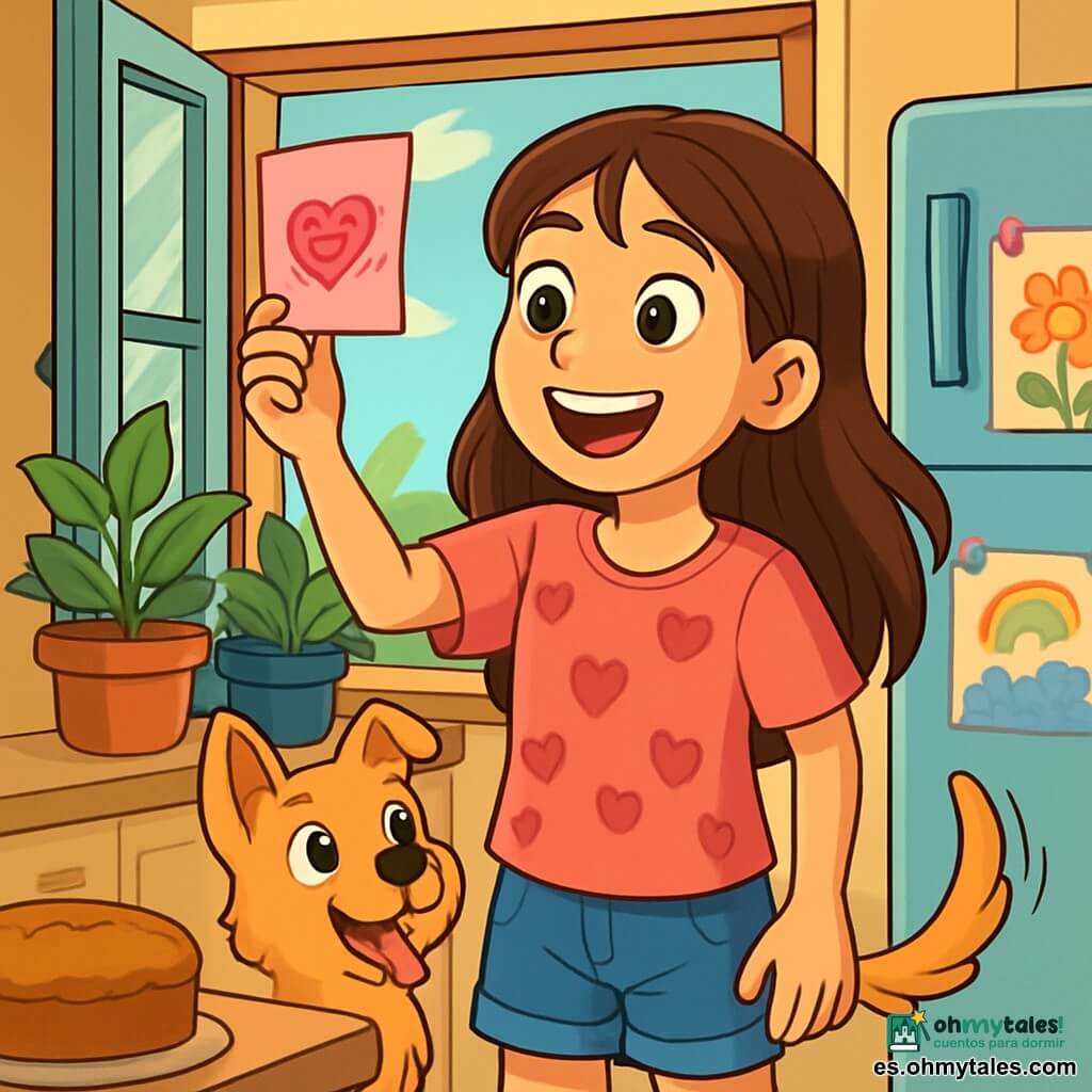 Una niña de 12 años, Lucía, con largos cabellos castaños y ojos llenos de curiosidad, se encuentra frente a una ventana abierta, sonriendo. Lleva una camiseta rosa con dibujos de corazones y un short de mezclilla. En su mano sostiene una nota rosa con un dibujo de un corazón sonriente, su mirada está llena de asombro y emoción. A su lado, su perrita, Lola, un adorable perrito de pelo dorado, mueve la cola con entusiasmo, lista para la aventura. La escena transcurre en la cocina soleada de Lucía, decorada con plantas verdes y el aroma de pasteles recién horneados. Lucía descubre una nota misteriosa de San Valentín en la ventana y está lista para seguir las pistas hacia una sorpresa mágica, con el corazón latiendo de emoción.
