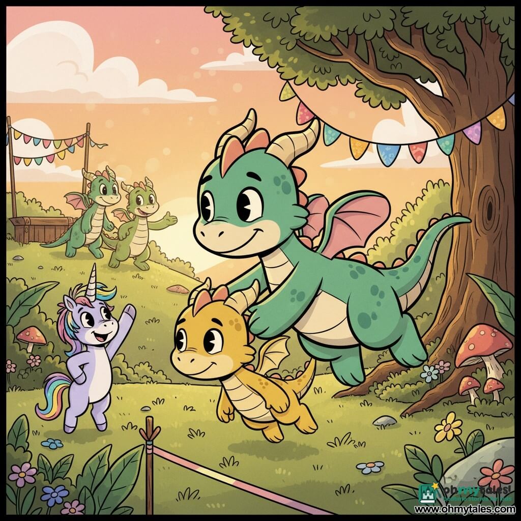 The scene shows Ember, a young jade-green dragon with pale pink highlights and a gentle determined expression, leaning while flying to support a smaller dragon, Flicker, a shy mustard-yellow hatchling who flies beside her with gratitude; Sparkle the unicorn stands at the starting line left foreground with a rainbow mane and raised hoof cheering, parents Blaze and Fern watch from a hill in the background under sunset light, and the setting is an Enchanted Forest Festival clearing with garlands, wooden stalls, glowing mushrooms and a massive oak — a warm, supportive flying race where Ember slows so they finish together, in saturated colors and a pastel sky.
