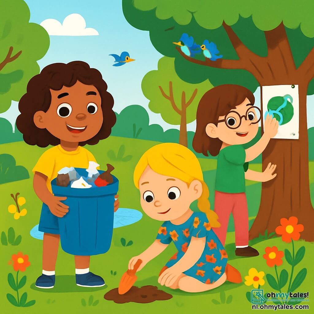 Er zijn 3 personages: - Emma: een 7-jarig meisje met bruin, krullend haar, gekleed in een gele t-shirt en een spijkerbroekshort. Ze houdt een grote vuilnisbak vol afval vast en glimlacht trots. - Noor: een 7-jarig meisje met gevlochten blond haar, gekleed in een kleurrijke bloemenjurk. Ze zit in een hurkpositie en plant bloemenzaadjes met een kleine schep. - Lisa: een 7-jarig meisje met kastanjebruin haar en ronde bril, gekleed in een groene t-shirt en roze broek. Ze hangt een poster aan een boom om voorbijgangers aan te moedigen deel te nemen aan de ecologische actie. De situatie speelt zich af in een groen park vol majestueuze bomen met stralende bladeren, kleurrijke bloemen die dansen in de wind, en een klein vijvertje dat onder de zon schittert. Vogels zingen in de takken en vlinders fladderen rond de bloemen. De hoofdactie toont de drie vriendinnen in actie, glimlachend en vastberaden, terwijl ze het park schoonmaken, bloemen planten en andere kinderen aanmoedigen om mee te doen. De sfeer is vrolijk en vol energie, wat hun inzet voor de bescherming van de natuur illustreert.