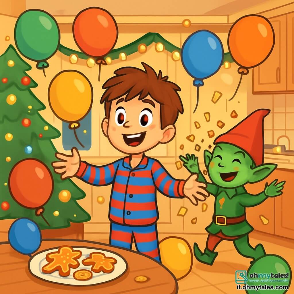 Un ragazzo di 10 anni, con capelli castani disordinati e occhi brillanti di curiosità, si trova nel mezzo di una cucina piena di palloncini colorati. Indossa un pigiama a righe blu e rosso, e il suo viso è illuminato da un grande sorriso meravigliato. Accanto a lui, un folletto birichino, piccolo e scaltro, con la pelle verde e un cappello rosso a punta, ride felicemente lanciando coriandoli dorati nell'aria. La cucina è decorata per Natale, con un grande albero scintillante in un angolo, luci decorative e biscotti natalizi sul tavolo. La scena principale mostra il ragazzo e il folletto mentre celebrano una gioiosa sorpresa, circondati da risate e magia, mentre i palloncini fluttuano attorno a loro, creando un'atmosfera festosa e incantata.