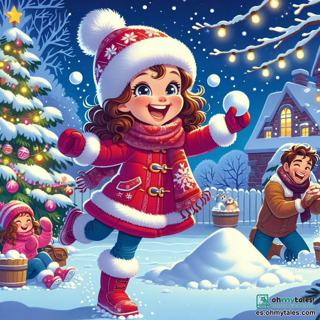 Una niña de 7 años, llamada Lucía, con cabello rizado y ojos llenos de alegría, lleva un abrigo rojo brillante y botas de nieve. Está lanzando una bola de nieve riendo, su rostro iluminado por una gran sonrisa. A su lado, su mamá, una mujer de unos treinta años con cabello largo y castaño, ayuda a decorar el jardín con luces brillantes, sonriendo dulcemente a Lucía. Un poco más lejos, su papá, un hombre de unos treinta años con barba ligera y un gorro de lana, está construyendo una pequeña montaña de nieve, riendo mientras intenta atrapar las bolas de nieve que Lucía le lanza. El lugar es un encantador jardín invernal, cubierto de un espeso manto de nieve brillante, con árboles adornados con copos de nieve y luces de colores que brillan en la oscuridad. En el fondo, se ven casas con techos nevados, creando un ambiente cálido y festivo. La situación principal muestra a Lucía, llena de energía y felicidad, jugando en la nieve con su familia, creando recuerdos alegres y celebrando juntos la magia del invierno.
