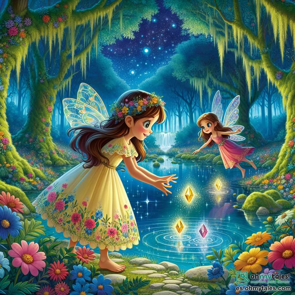 Isabela, una niña de doce años con largos cabellos castaños y ojos llenos de curiosidad, se encuentra al borde de un lago mágico, su rostro iluminado por una sonrisa de asombro. Lleva un vestido colorido adornado con flores, y sus manos están extendidas hacia el agua brillante, donde tres gemas resplandecen. A su lado, Lira, un pequeño hada con alas transparentes y brillantes, flota en el aire, sus ojos dorados llenos de alegría y aliento. Ella gesticula con su pequeña mano, como si guiara a Isabela en su búsqueda. El escenario es un claro encantado, rodeado de árboles majestuosos cubiertos de musgo, mientras flores coloridas bailan al viento. El lago, de un azul profundo, refleja el cielo estrellado, creando una atmósfera mágica y misteriosa. La situación principal muestra a Isabela, lista para restaurar la magia del bosque, colocando las gemas en el agua del lago, mientras destellos de luz surgen a su alrededor, simbolizando la esperanza y la magia recuperada.