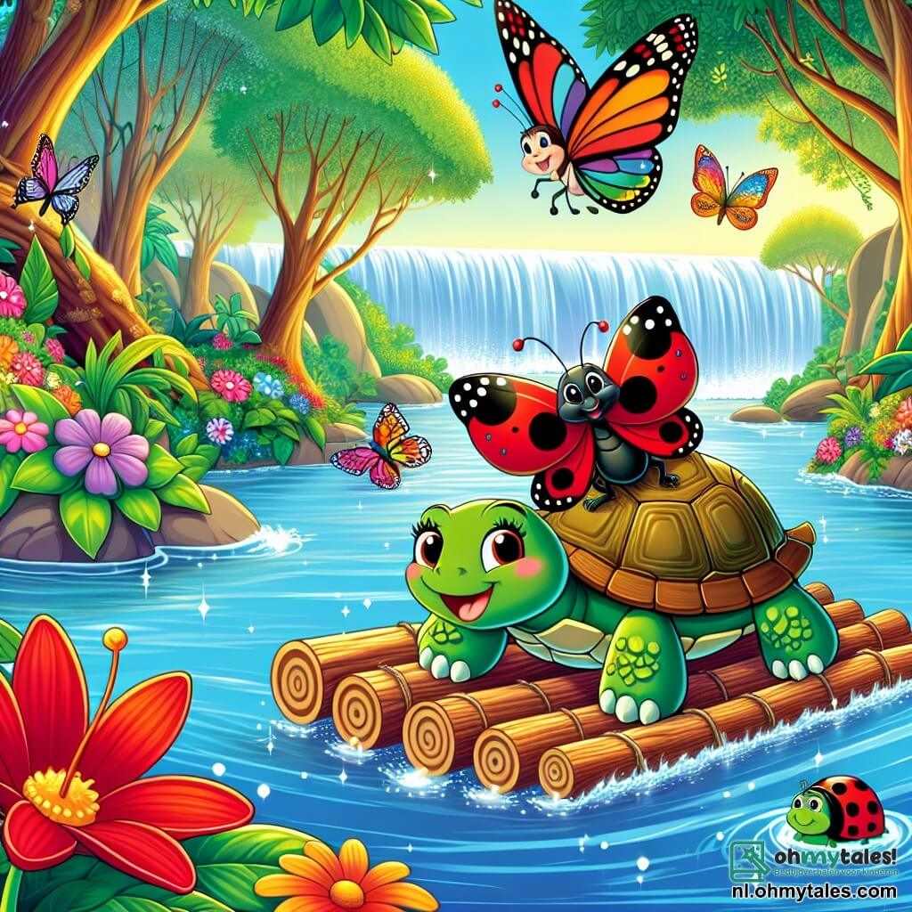 Een kleine lieveheersbeestje genaamd Lila, met stralend rode vleugels versierd met zwarte stippen, glimlacht vrolijk terwijl ze boven een vlot van takken en bladeren zweeft. Naast haar zit een grote schildpad met een groene, ruwe rug, met een dankbare uitstraling, klaar om de rivier over te steken. Op de achtergrond springt Kiko, de groene kikker met grote ronde ogen, op de oever van de rivier, terwijl Bella, de mooie vlinder met kleurrijke vleugels, enthousiast om hen heen vliegt. Het decor is een weelderige jungle, vol kleurrijke bloemen en grote bomen met glanzende bladeren, met een schitterende rivier die vredig stroomt en een sprankelende waterval in de verte. De scène toont Lila en haar vrienden die de schildpad helpen de rivier over te steken op hun geïmproviseerde vlot, vol vreugde en vriendschap.