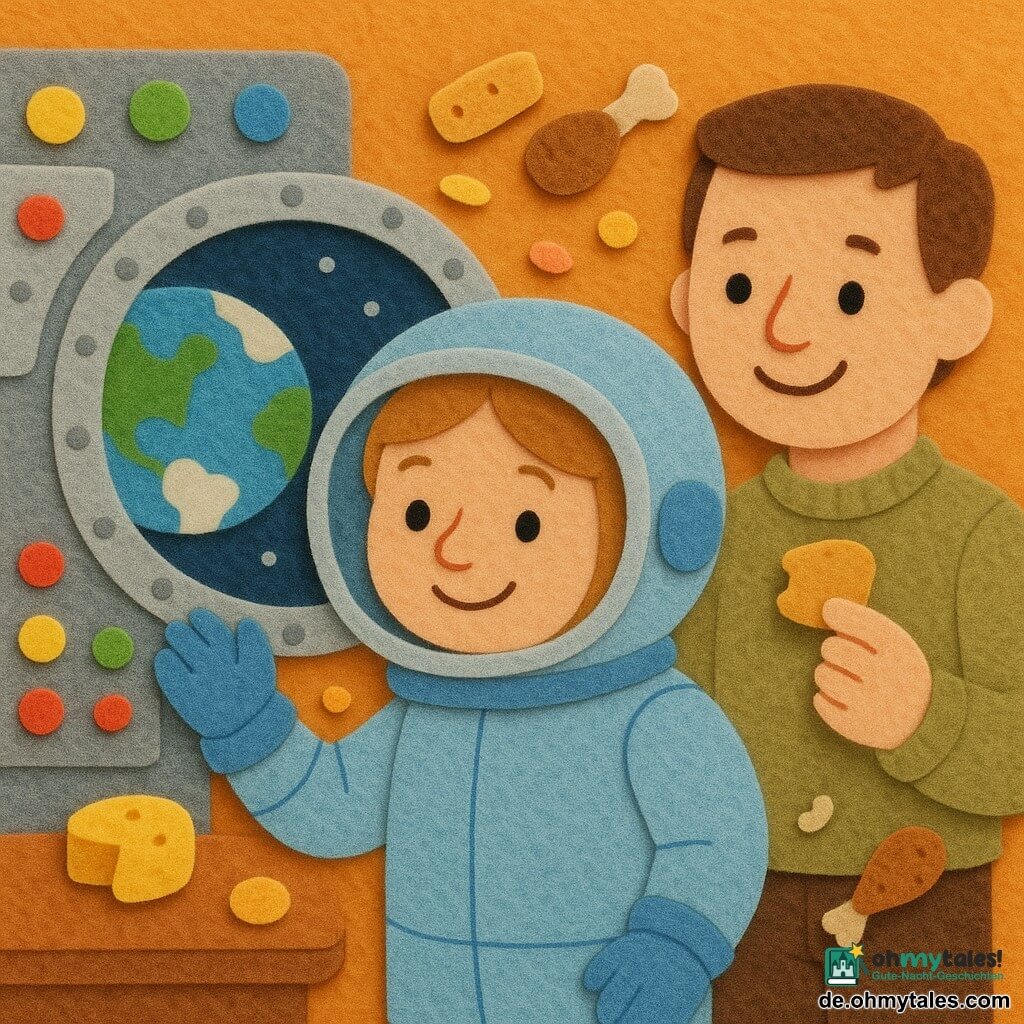 Die Astronautin Lisa, lächelnd und erstaunt, in einem weichen blauen Raumanzug mit sichtbaren Nähten und großem glänzendem Rundhelm, schaut mit einer Hand am Bullauge die ferne blaue-weiße Erde an; der etwa 35-jährige Astronaut Tom mit kurzen braunen Haaren lächelt, steht leicht links hinter ihr und hält ein kleines schwebendes Stück Brot; das Innenraum ist silbern mit großen bunten Knöpfen, blinkenden runden Lichtern und einem großen Bullauge, kleine schwebende Lebensmittel umgeben die beiden, Filzoptik, kräftige Farben, einfache Formen und weiche Konturen für Kleinkinder.