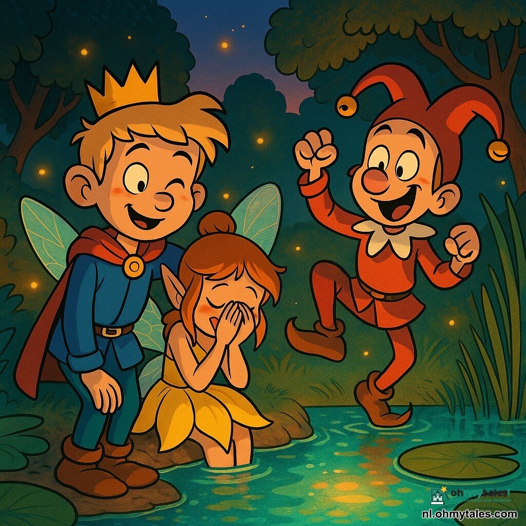 De jonge prins (jongentje ~10) is vrolijk en geruststellend, rond gezicht, blonde warrige haren, grote oren, doet een overdreven knipoog en legt een hand op de schouder van de fee; fee Boterbloem (kleine volwassen fee) is verlegen maar opgelucht, doorschijnende iriserende vleugels, gele bloemblaadjerok, zit aan de rand van een bassin en verstopt deels haar gezicht met haar handen terwijl ze glimlacht; nar Karel (~14) is ondeugend en grappig, rode neus en belletjeshoed, springt en maakt een belachelijke dans half achter een waterlelie; locatie: kleine open plek bij een magisch bassin met helder water in turquoise en gouden reflecties, reuzennymphaea's, glanzende rietstengels, gouden glimwormen en ronde bladeren die het tafereel omlijsten; hoofdactie: warme, grappige scène in schemerlicht met duidelijke expressies en contrastrijke warme kleuren in een kinderlijke franco-belgische tekenstijl met heldere lijnen, verzadigde kleuren en zachte texturen.