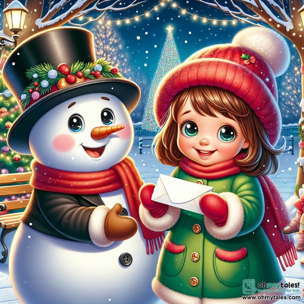 An illustration depicts a joyful little girl with brown hair and rosy cheeks, wearing a bright green coat and a red hat. She is smiling widely, holding a small piece of paper in her hands, her eyes sparkling with excitement. Next to her, a smiling snowman with a black top hat and a red scarf raises his arms in joy, his button eyes shining with friendship. In the background, a magical winter park is adorned with twinkling lights, featuring a large illuminated Christmas tree surrounded by gently falling snowflakes. The little girl is handing a letter to a jovial man in red, sitting on a large wooden chair decorated with garlands. The atmosphere is festive, filled with Christmas magic, with children playing in the snow and bright stars in the night sky.