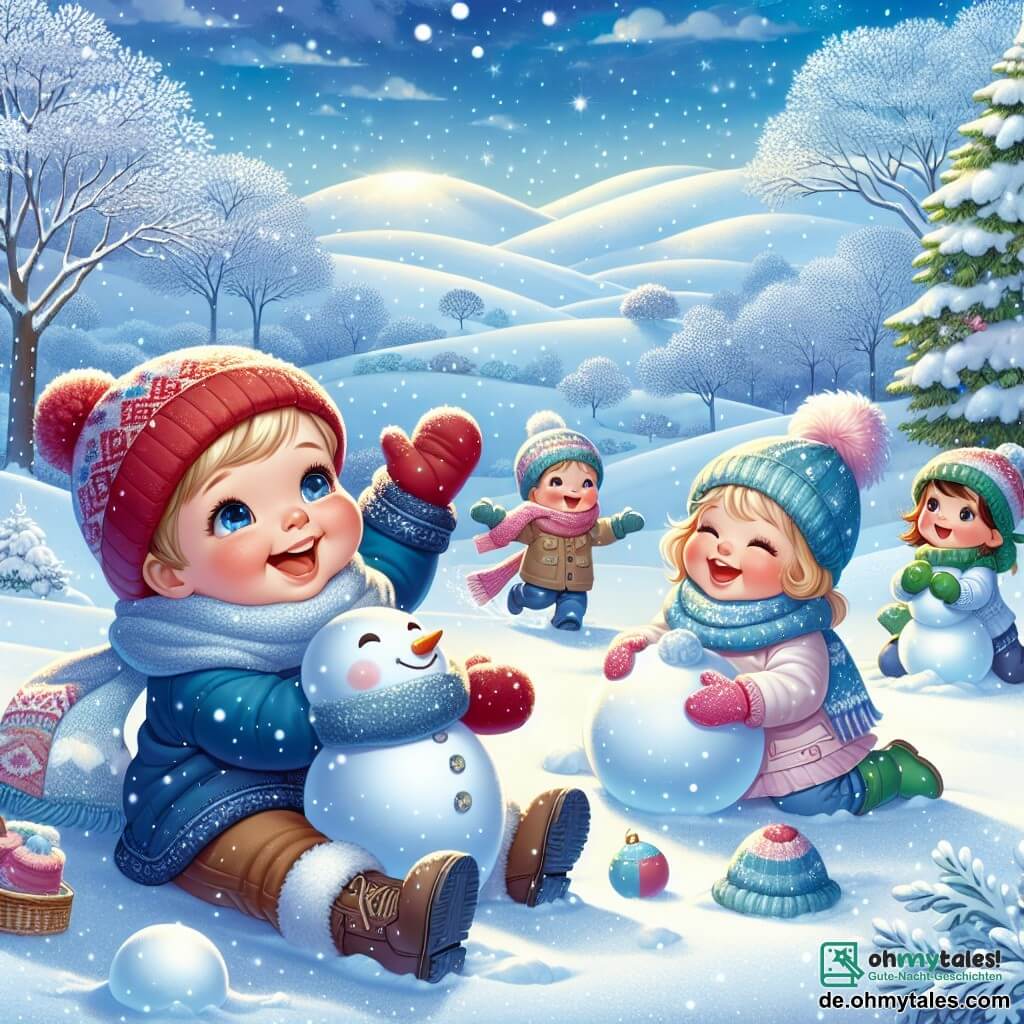 Ein einjähriger Junge mit roten Wangen und funkelnden Augen trägt einen niedlichen roten Hut und einen blauen Mantel. Er sitzt im Schnee, lacht vor Freude und hebt die Arme zum Himmel. Neben ihm sitzt ein drei Jahre altes Mädchen mit einem hübschen blauen Schal und rosa Handschuhen, das ihm lachend einen Schneeball zuwirft. Ein vierjähriger Junge mit grünen Handschuhen und einer gelben Mütze rollt konzentriert und amüsiert einen großen Schneemann. Die Szene spielt in einer zauberhaften Winterlandschaft mit schneebedeckten Bäumen, einem hellblauen Himmel und sanft fallenden Schneeflocken. In der Ferne verleihen weiße Hügel der Wintermagie zusätzlichen Glanz. Die Kinder haben Spaß beim Bau eines großen Schneemanns und schaffen fröhliche Erinnerungen an einen perfekten Wintertag.