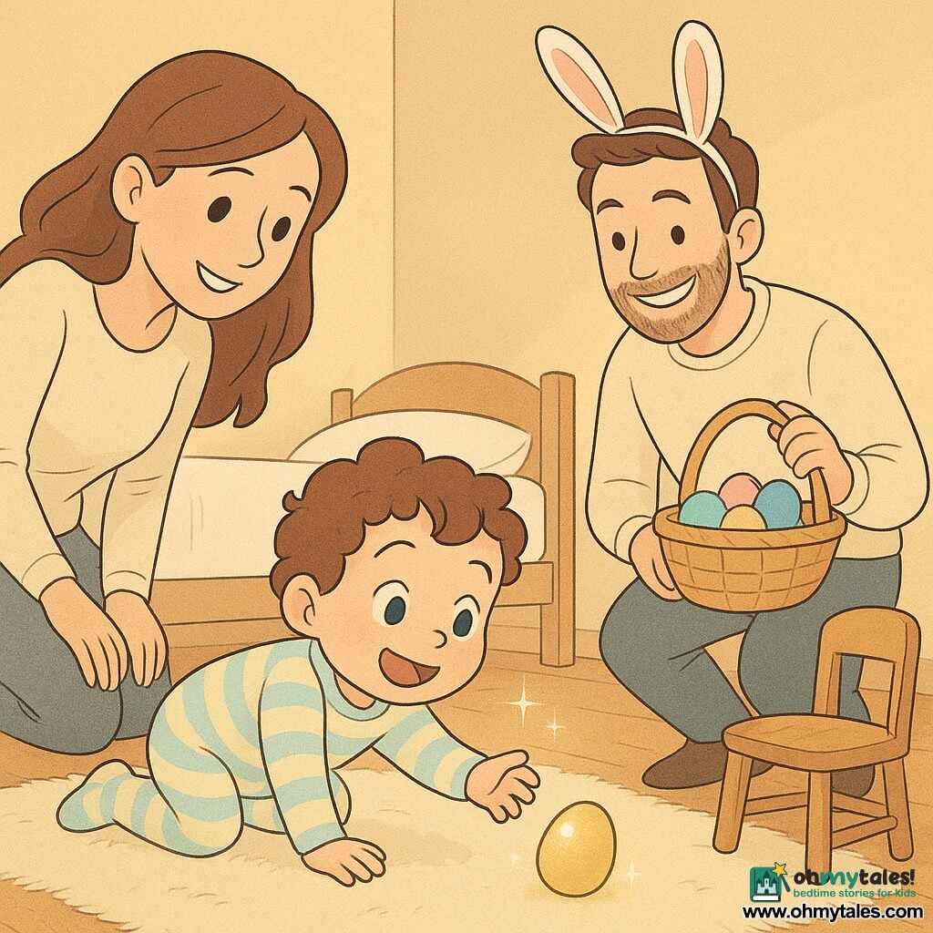A joyful, curious 2-year-old boy with curly brown hair and blue eyes in pastel striped pajamas crawls and reaches for a glittering egg rolling under the bed while his smiling mother (about 28) with long chestnut hair in a cream sweater crouches to his left and looks at him tenderly, and his amused father (about 30) with a light beard wearing a bunny-ear headband stands behind a small wooden chair holding a wicker basket of pink, blue, and yellow plastic eggs; the bedroom is bathed in golden morning light with cream walls, light wood floor, a small wooden chair, a basket of eggs, and a white fluffy rug under the bed—a warm, cozy Easter morning with pastel colors, soft textures, clear expressions, and simple gestures.