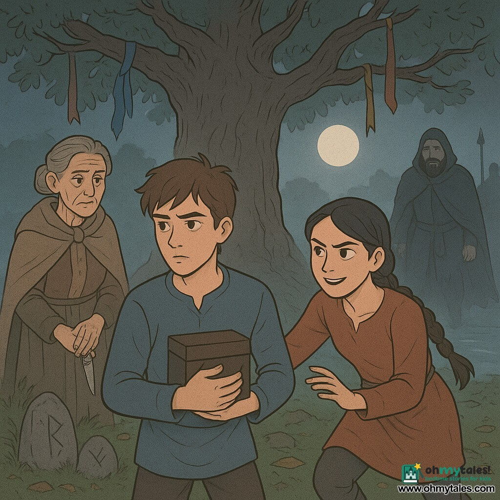A teenage boy (~16) with tousled brown hair and a reserved, determined expression holds a small dark wooden box to his chest as a soft silvery light from an old oak envelops him; to his right Branwen (~16), braided black hair, reaches to support him, and behind them an elderly guardian woman (~70) with gray hair in a bun and a small bone-handled knife watches kindly, while in the distance the antagonist Ragnulf (~35) looms in shadow with a torn dark coat and blurred soldiers; the scene is a sanctuary by a misty riverside under a silver moon, with gnarled roots, rune-carved stones and ribbons on the branches, showing the boy who has just received a memory and the tense stand-off between the protective trio and Ragnulf.