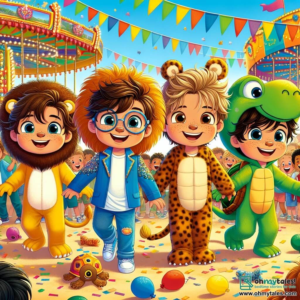 Four seven-year-old boys, Max, Leo, Sam, and Ben, stand at the center of a colorful stage. Max, with messy brown hair and a big smile, wears a lion costume with a golden mane and felt paws. To his right, Leo, a boy with blonde hair and round glasses, is dressed as a parrot with multicolored feathers and a paper beak. On the left, Sam, a small boy with brown hair and freckles, is in a monkey costume with a long tail and plush ears. Finally, Ben, a boy with black hair and sparkling eyes, is dressed as a turtle with a shiny shell and fabric legs. The setting is a lively carnival filled with game booths, colorful balloons floating in the blue sky, and sparkling garlands. Children laugh and dance around them, while a colorful Ferris wheel spins in the background, adding to the festive atmosphere. The four friends are trying to save a parade float that is leaning dangerously, pushing together with determination, their faces focused and full of enthusiasm. Confetti flies around them, and the crowd applauds, amazed by their courage.