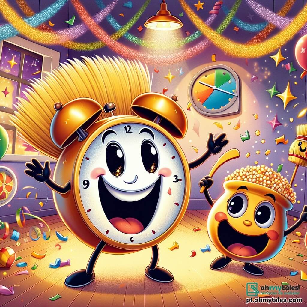Tic-Tac, um alegre relógio de parede com um grande sorriso e olhos brilhantes, dança entusiasticamente, suas agulhas girando rapidamente, cercado por cores vivas e confetes. Vassourinha, uma vassoura animada com cabelos de palha e um rosto sorridente, se move balançando seu cabo, pronta para dançar enquanto varre o chão com alegria. Pipoquinha, uma pequena panela redonda com olhos grandes e uma boca sorridente, salta no lugar estourando grãos de milho em explosões de alegria, criando uma chuva de pipoca ao seu redor. A cena ocorre em uma sala acolhedora e festiva, decorada com guirlandas brilhantes, balões coloridos e um grande relógio na parede que marca meia-noite, com estrelas de papel suspensas no teto. Nesta ilustração, Tic-Tac e seus amigos celebram juntos a festa de Ano Novo, cercados de risadas e magia, prontos para fazer resoluções alegres para o ano que vem.