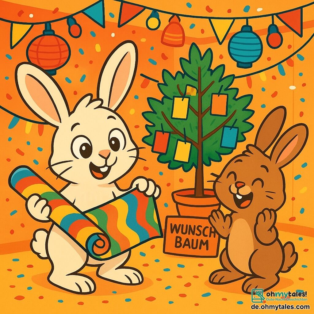 Pelle, ein kleiner Hase mit großen Ohren und weichem, seidig glänzendem Fell, steht im Mittelpunkt des Bildes, seine Augen leuchten vor Aufregung, während er eine mit bunten Farben verzierte Papierrolle hält. Neben ihm lächelt Max, ein weiterer Hase mit braunem Fell und runden Wangen, begeistert und hebt seine Pfoten, als würde er die Idee seines Freundes applaudieren. Der Hintergrund zeigt einen Festsaal, der mit funkelnden Girlanden und bunten Laternen geschmückt ist, in der Mitte steht ein großer Wunschbaum, der mit an den Zweigen hängenden Glückwunschkarten dekoriert ist. Die Szene wird von sanft fallenden Konfetti belebt, die eine festliche und fröhliche Atmosphäre schaffen. Pelle und Max bereiten die große Silvesterfeier vor, umgeben von Lachen und Farben, bereit, ihr Glück mit all ihren Freunden zu teilen.
