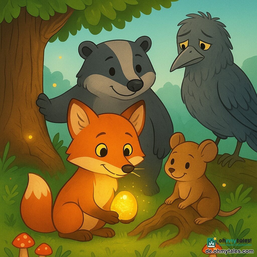 Ein junger roter Fuchs (Hauptfigur) mit bernsteinfarbenen Augen hält scheu und stolz einen kleinen goldenen Leuchtstein im Maul, dessen Licht seine Schnurrhaare streichelt; eine kleine haselnussfarbene Maus (Lila) sitzt glücklich an ihm mit den Vorderpfoten auf einer Wurzel; ein gedrungener Dachs (Brumm) mit dunklem Fell steht schützend dahinter und stützt eine Pfote auf einen Baumstamm; ein großer aschgrauer Vogel (Aschenvogel) mit zerzausten Federn sitzt zurückhaltend und blickt zu; die Szene spielt auf einem Hügel unter einer alten Eiche mit Gras, Farnen, roten Pilzen und schwebenden Glühwürmchen, der Fuchs legt den Leuchtstein in eine Mulde, die Tiere versammeln sich, Stimmung von wiedergewonnener Freundschaft, warme Beleuchtung, klare Konturen und einfache, kinderfreundliche Formen, zentrierte Komposition