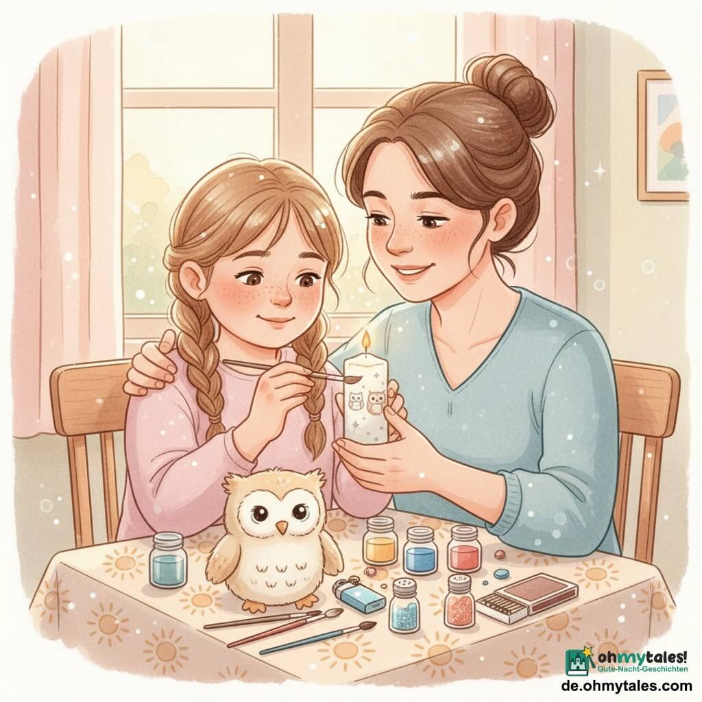 Ein 10-jähriges Mädchen mit rundem Gesicht und Sommersprossen, hellbraunen Zöpfen, hoffnungsvollem Blick und schüchternem Lächeln bemalt eine weiße Kerze mit kleinen Eulen und Sternen; die etwa 35-jährige Mutter mit braunen Haaren zum Dutt, sanftem, beruhigendem Ausdruck sitzt rechts, hilft die Kerze zu halten und bewundert die Zeichnung; ein Plüsch-Eulchen namens Wuschel mit cremefarbenem Fell und gestickten Augen liegt auf dem Tisch als stiller Begleiter; helle Holztischplatte mit sonnigem Wachstuch, Farbtopfe, Pinseln, Glitzer, ein kleines erloschenes Feuerzeug neben einer Streichholzschachtel; warme Nachmittagsstimmung, goldenes Licht durchs Fenster, pastellfarbene Wände, weiche Schatten — intime, lichtdurchflutete Szene, Mutter und Tochter dekorieren gemeinsam eine „Hoffnungskerze“ in einer zärtlichen, kreativen Geste.