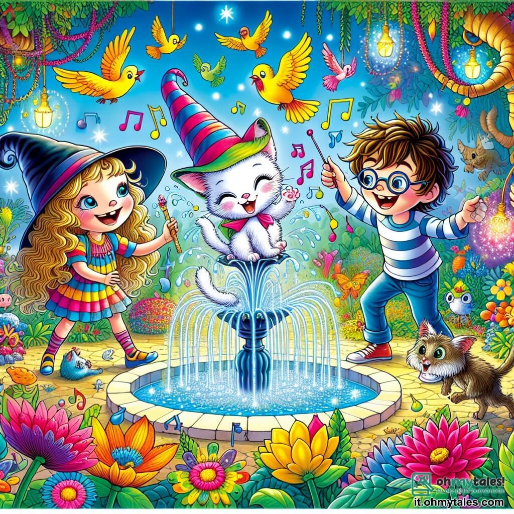 Una ragazza di 8 anni, Ginevra, con lunghi capelli ricci e occhi pieni di curiosità, si trova al centro dell'immagine, con un grande sorriso sul viso, tenendo un gattino bianco con un piccolo cappello da strega tra le braccia. A destra, Marco, un ragazzo dai capelli castani disordinati e con gli occhiali, osserva con meraviglia una pianta colorata che danza, mentre a sinistra, Sofia, una ragazza con capelli biondi intrecciati, disegna note musicali nell'aria con un'espressione concentrata e gioiosa. Lo sfondo è un giardino magico, pieno di fiori brillanti dai colori vivaci, alberi dalle forme strane che sembrano danzare e una fontana scintillante al centro, da cui sgorga acqua luminosa. La scena principale mostra Ginevra, Marco e Sofia che cantano e danzano allegramente intorno alla fontana, con uccelli colorati che volano sopra di loro, creando un'atmosfera festosa e incantata.