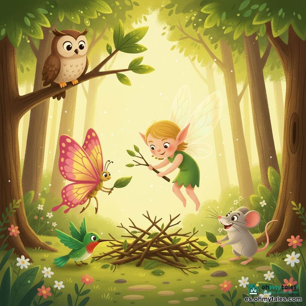 La protagonista es una pequeña criatura alada tipo hada-duende, luminosa y curiosa, cara redonda, orejas puntiagudas y alas translúcidas iridiscentes; sonríe concentrada mientras levanta delicadamente una rama con ambas manos, acompañada por Miro, un gran búho sabio de plumaje marrón y crema posado a la izquierda observando con benevolencia; Nilo, un colibrí ágil de plumaje verde esmeralda y garganta roja, vuela cerca del suelo empujando una rama con el pico; Fina, una gran mariposa de alas rosas y amarillas, expresa concentración y levanta una hoja con sus patas finas junto a la criatura; Bebo, un ratoncito gris de campo, valiente y alegre, empuja hojas desde la derecha al pie del montón. Están en un sendero forestal junto a una laguna iridiscente, suelo cubierto de musgo y flores, troncos texturados y luz dorada filtrándose entre el follaje; la escena muestra al grupo despejando una barricada de ramas y hojas en una composición circular, dinámica y optimista.