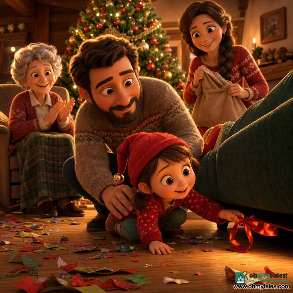 A joyful 4-year-old girl, Lily, round-faced with rosy cheeks and large bright eyes, wearing a short pigtail, a red bonnet with a small bell, is crouched reaching under a dark green sofa to pull out a shiny red ribbon as torn wrapping paper falls like confetti; beside her a bearded father in his mid-30s in a warm sweater crouches with a reassuring hand on her shoulder, a braided-haired mother in her early 30s stands smiling behind them holding a crumpled cloth bag near a decorated Christmas tree, and a small gray-haired grandmother in her mid-60s sits clapping softly to the left; the cozy living room features a large illuminated tree with red and gold baubles, sparkling garlands, colorful gifts on a light wood floor, and warm golden lighting highlighting soft textures and the bell and ribbon.