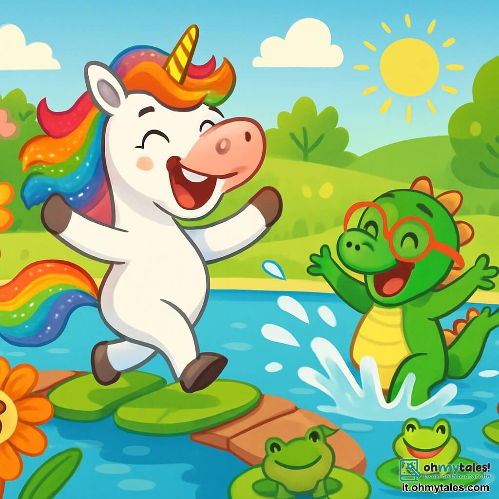 Una gioiosa unicorno di nome Lulù, con una criniera arcobaleno scintillante e occhi brillanti di malizia, si trova su un ponte di ninfee sopra un lago. Ride a crepapelle, con le zampe anteriori sollevate in un movimento di danza. Accanto a lei, un draghetto di nome Gastone, un piccolo drago verde con squame brillanti e occhiali buffi, schizza acqua cercando di saltare nel lago, con il volto radioso di eccitazione. Il luogo è il Lago delle Rane Burlone, circondato da fiori colorati che cantano dolcemente, con rive bordate di cerchi di ninfee e risate di rane verdi con cappelli divertenti. La scena principale mostra Lulù che scivola sul ponte, pronta a fare una pirouette, mentre Gastone, sullo sfondo, si prepara a tuffarsi nell'acqua, creando una grande schiuma che fa ridere tutte le rane.