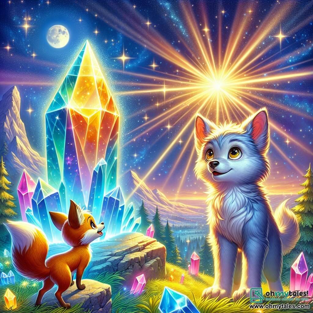 An illustration depicts a young wolf with shiny, sparkling fur and large, curious eyes filled with wonder. He stands atop a majestic mountain, the wind blowing through his fur as he reaches out toward a giant crystal that shines brightly, emitting golden light. Beside him, a small golden-furred fox with sparkling eyes watches the crystal with excitement, jumping slightly in place, eager and full of energy, ready to share this magical moment. The main setting is a sparkling mountain peak where colorful crystals glimmer under the light of two moons. The sky is dotted with bright stars, and a gentle breeze makes the leaves of the trees below dance, creating a fairy-tale atmosphere. The central situation of the story shows the young wolf and the fox discovering the Great Crystal of Wishes, a symbol of magic and adventure, as they prepare to make a wish that will bring joy and adventures to all the inhabitants of their kingdom. Other graphical elements include bursts of light emanating from the crystal, colorful flowers, and glowing mushrooms around them, along with a magical and enchanting ambiance enveloping the scene.