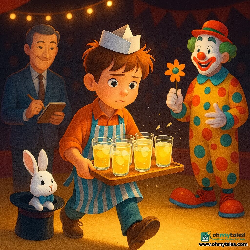 Milo, a 10-year-old boy with tousled brown hair and a focused, slightly worried face, bright eyes, wearing an oversized striped apron and a small paper hat, carries a wooden tray with eight trembling lemonade cups across a round circus ring covered in golden sawdust under a warm spotlight; Mr. Pindle, a smiling man of about 40 with salt-and-pepper hair and simple suit, stands left clapping softly with a notebook and pencil; a clown in his 30s with colorful makeup watches and smiles, holding a squirting fake flower, oversized shoes near the ring’s edge; a curious white rabbit with a blue bow tie emerges from a black hat at the front near the tray. Dark blurred stands and red bunting with string lights hang above; the mood is tense yet festive, motion captured with light splashes and suspended sawdust, saturated soft colors, paper and mesh textures, clear shapes and readable silhouettes in a childlike modern style.