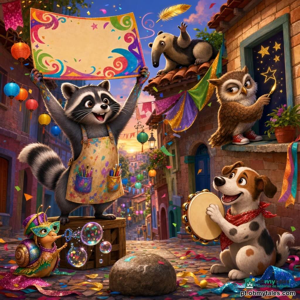 Um pequeno guaxinim antropomórfico (personagem principal), olhos brilhantes, bigodes finos e patas manchadas de tinta metálica, de avental com bolsos, rosto alegre e concentrado, em pé sobre uma caixa de madeira segurando alto um grande cartaz colorido com os dizeres "vive o carnaval"; uma coruja de sapatos vermelhos (personagem secundário) com penas macias e olhar travesso pousada no peitoril de uma janela desenhando estrelas brilhantes com uma pena dourada; um cachorro de rua de bandana (secundário), pelo manchado, sorrindo e marcando o ritmo com um pandeiro ao lado de uma grande pedra redonda; um pequeno caramujo mascarado como uma concha-joia (secundário) coberto de lantejoulas soprando bolhas iridescentes cheias de confetes perto do guaxinim; um tamanduá sonolento (secundário) deitado num telhado baixo, surpreso, olhando uma pena voando para ele com a pata levantada em gesto cômico; viela de paralelepípedos estreita e inclinada, muros de tijolos decorados com guirlandas multicoloridas, lanternas de papel penduradas, bandeirolas amassadas e confetes e tecidos brilhantes espalhados pelo chão; cena central dinâmica com o guaxinim erguendo o cartaz contra um vento brincalhão que levanta uma pena e serpentinas, música, risos e confetes no ar, composição centrada, cores saturadas e texturas lúdicas.