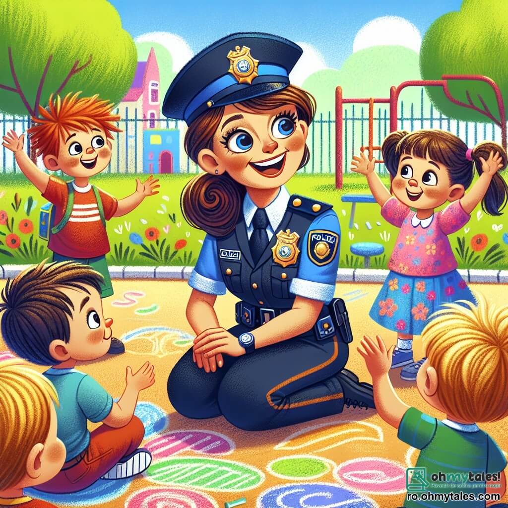 O polițistă zâmbitoare, Claudia, este în centrul imaginii, îmbrăcată într-un uniformă bleu marin cu un insignă strălucitoare pe piept. Are părul castaniu prins în coc și ochii strălucind de bucurie, în timp ce se apleacă pentru a vorbi cu un grup de copii mici. Printre copii se află Andrei, un băiat de 8 ani cu părul roșcat și un tricou roșu, care ridică mâna cu entuziasm pentru a pune o întrebare. Lângă el, Maria, o fetiță de 7 ani cu codițe și o rochie cu flori, ascultă atentă, cu ochii mari deschiși, plină de admirație pentru polițistă. Scena se desfășoară într-o curte de școală însorită, înconjurată de copaci verzi și jocuri colorate. Desene cu cretă colorată decorează solul, adăugând o notă veselă mediului. Claudia explică cu pasiune meseria de polițist, în timp ce copiii participă activ la un joc de rol, imaginând scenarii în care trebuie să rezolve probleme în comunitatea lor.