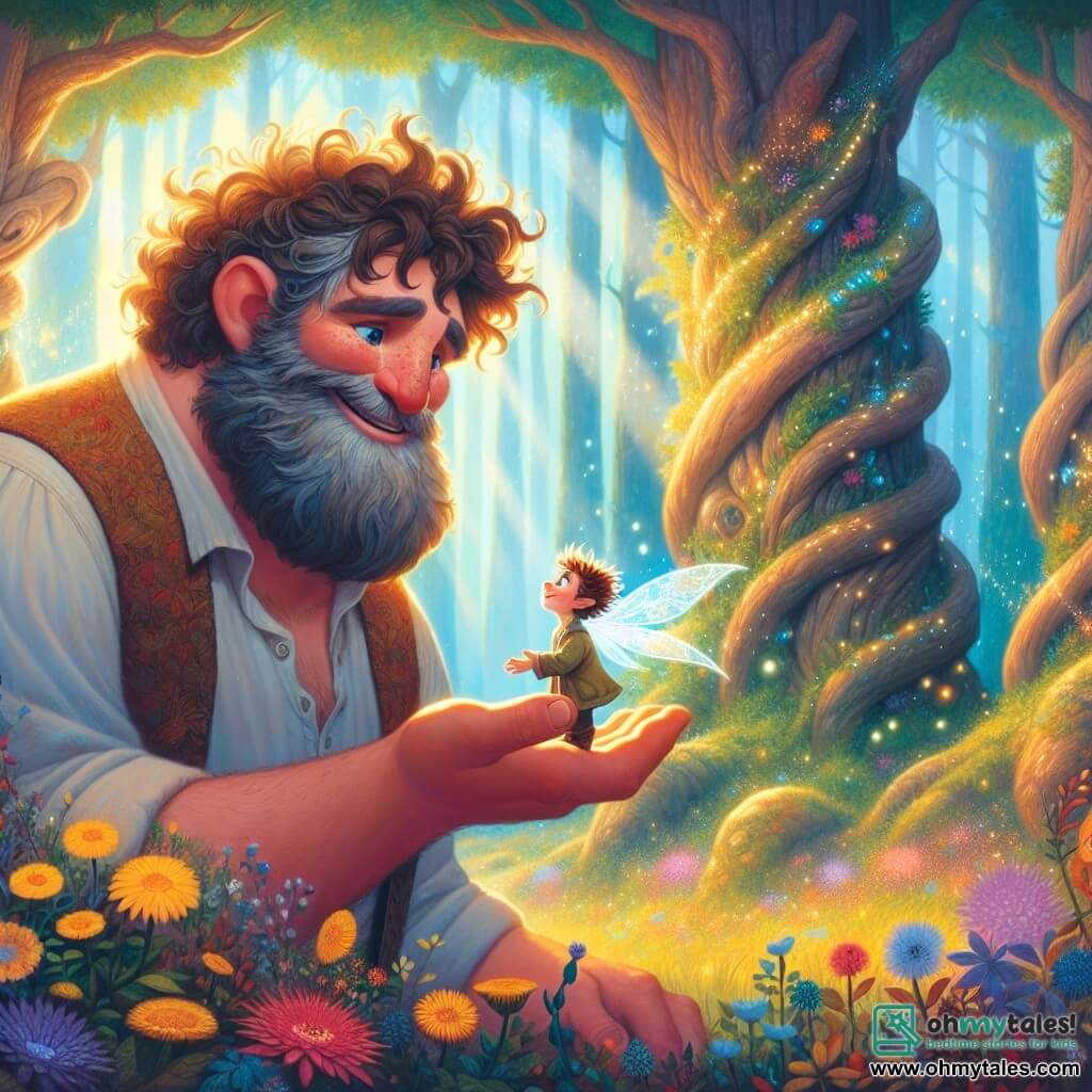 A kind giant named Benny, with a tall stature, curly hair, and a soft beard, stands at the center of the scene, displaying a warm smile and sparkling kind eyes. He is crouched down, reaching out to a small shimmering dragon, Sparkle, who has scales that shine like stars and delicate wings. Sparkle, a little dragon, is perched on Benny's shoulder, her eyes filled with wonder as she looks at her new friend. The setting is a magical forest with gigantic, gnarled trees and colorful leaves dancing in the wind. Bright flowers bloom around them, and a gentle ray of sunlight filters through the foliage, creating glowing patterns on the ground. The main situation shows Benny and Sparkle meeting for the first time, with Benny kneeling to listen to Sparkle, who tells him she is lost. The atmosphere is filled with magic and friendship, with glimmers of light sparkling around them, symbolizing hope and discovery.
