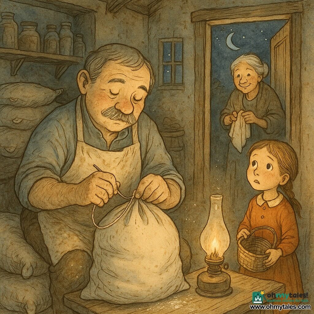 A round-faced baker with a grey moustache, tired but gentle eyes and a focused, serene expression mends a large flour sack by moonlight; he wears a stained beige apron and his hands are dusted with flour. Elsie, about seven, with light-brown braided hair and an amazed look, holds a small broken basket a few steps from the baker. An elderly neighbor woman of about seventy, white hair in a bun, smiles from an open window holding a dishcloth in the background. The village bakery backroom has worn wooden floors, stacked flour sacks and shelves with jars; silver moonlight through a small pane contrasts with the warm glow of an oil lamp. The intimate nocturnal repair—needle and thread, a sewn patch, flour dust drifting like quiet snow—is rendered in delicate ink lines and soft watercolor wash, warm ochre and beige palette with silver and night-blue accents, visible wood and fabric textures; centered medium shot on the baker, peaceful, reassuring atmosphere.