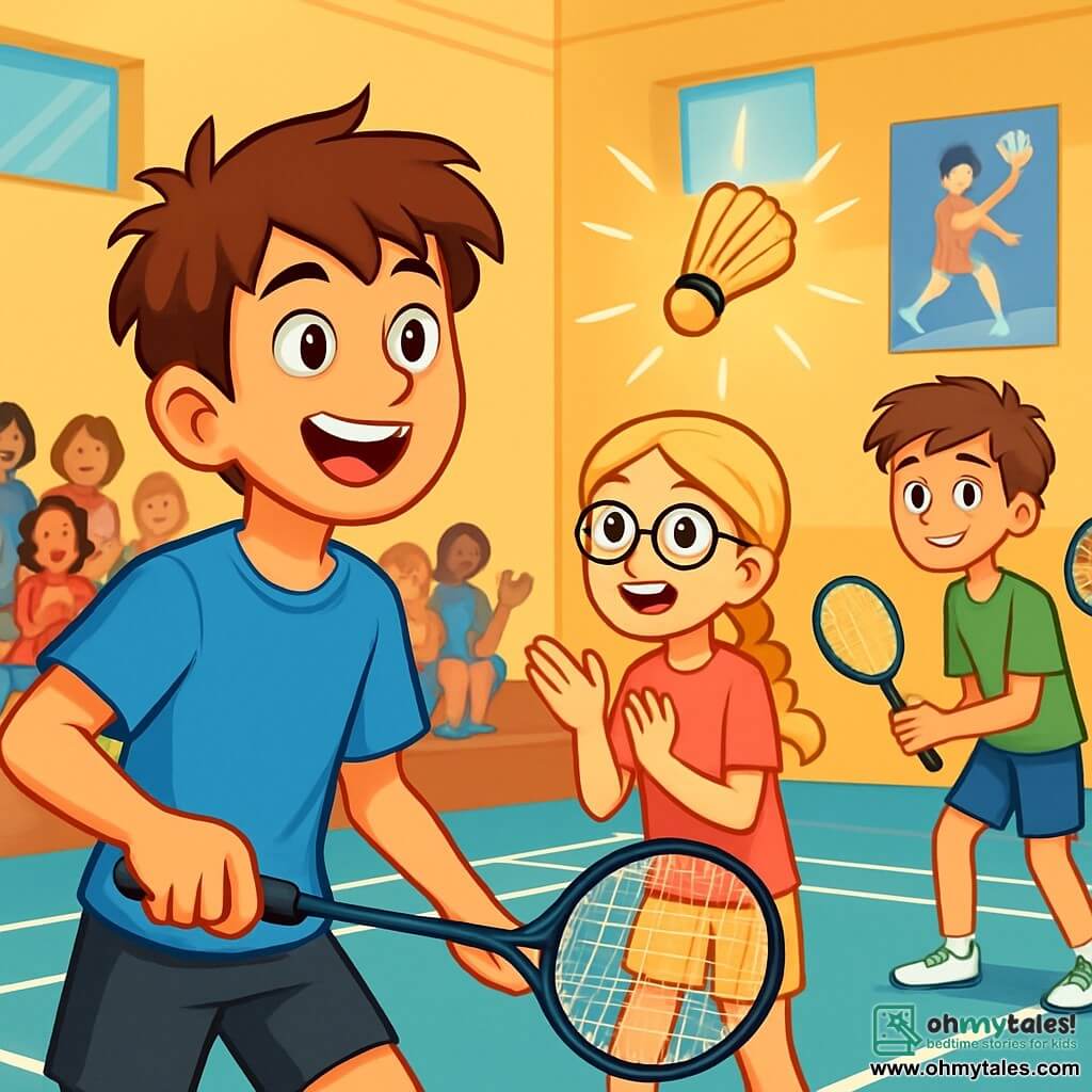 A 12-year-old boy, Ethan, with messy brown hair and a radiant smile, stands on a badminton court. He is wearing a bright blue t-shirt and black shorts, firmly holding his racket, ready to hit a golden shuttlecock shimmering in the air. Next to him, his best friend Mia, a 12-year-old girl with braided blonde hair and glasses, enthusiastically claps, wearing a pink t-shirt and yellow shorts. A little further away, Jake, a 12-year-old boy with brown hair and a mischievous smile, prepares to serve, dressed in a green t-shirt and blue shorts. The setting is a bright gymnasium with yellow-painted walls and white lines marking the court. Enthusiastic spectators sit on wooden benches, while posters of famous badminton players decorate the walls. The main scene shows Ethan, focused and determined, about to make a decisive shot, with the golden shuttlecock floating just in front of him, symbolizing the magic and excitement of the moment.