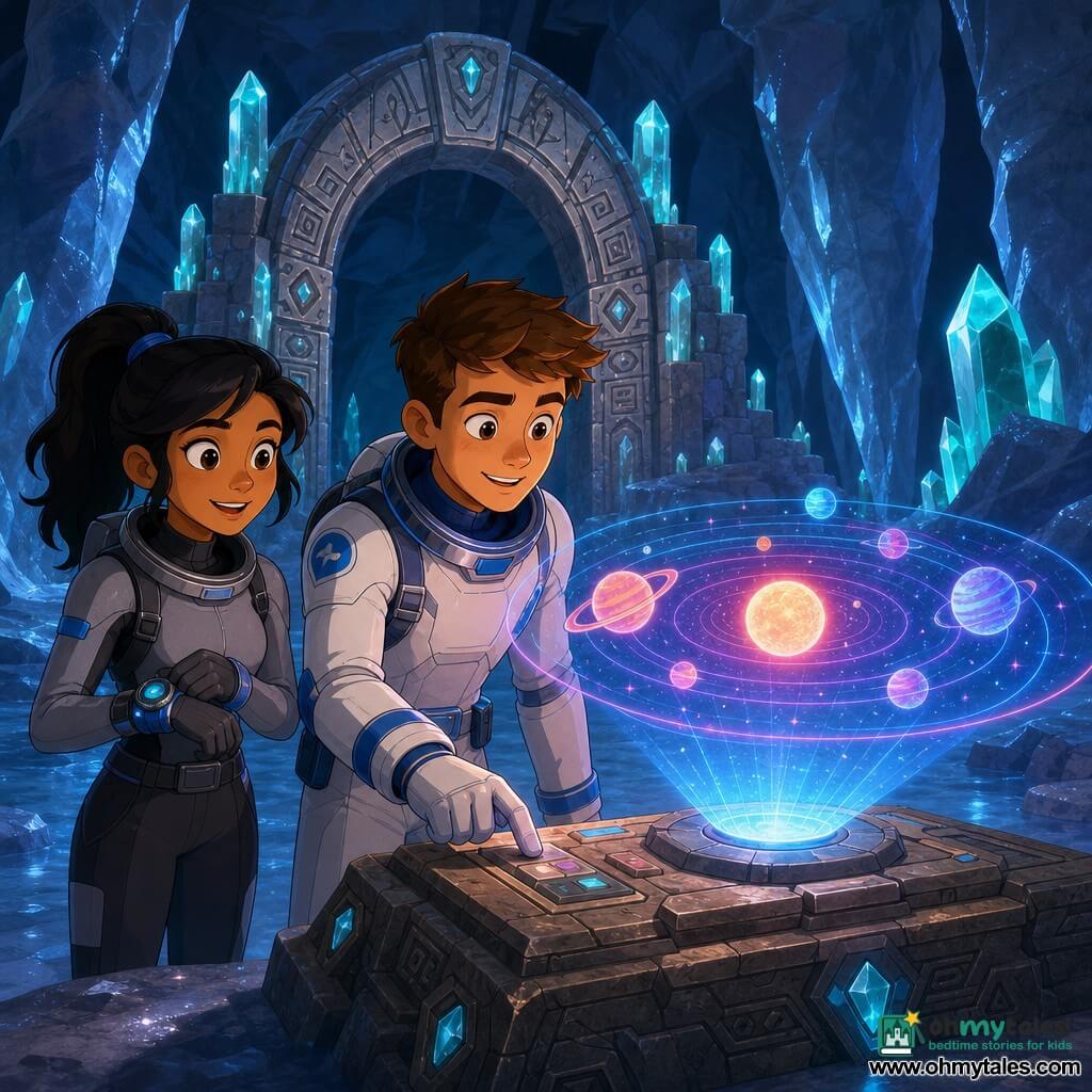 A young man named Leo, about 20, enthusiastic and focused with short brown hair in a white spacesuit with blue details, presses an ancient panel while looking at a glowing hologram; slightly behind him to his left is Zara, about 22, with black hair in a ponytail in a gray spacesuit, excited, hand on her control bracelet watching the display. They are alone in an underground chamber on Ganymede with polished ice walls streaked with silver, crystalline pillars emitting a blue-green glow, a sparkling icy floor, small rocky benches and cryogenic dust; an arch engraved with ancient symbols and covered in translucent crystals sits on one wall. At the center an old metallic console activates, projecting a colorful holographic map of the solar system in neon pink and cyan lighting their faces. The mood is wonder and discovery, strong contrast between the cave’s cold darkness and the hologram’s warm light. Visual style: 3D cartoon, crisp cel-shading, saturated colors, soft shadows, readable childlike facial expressions.