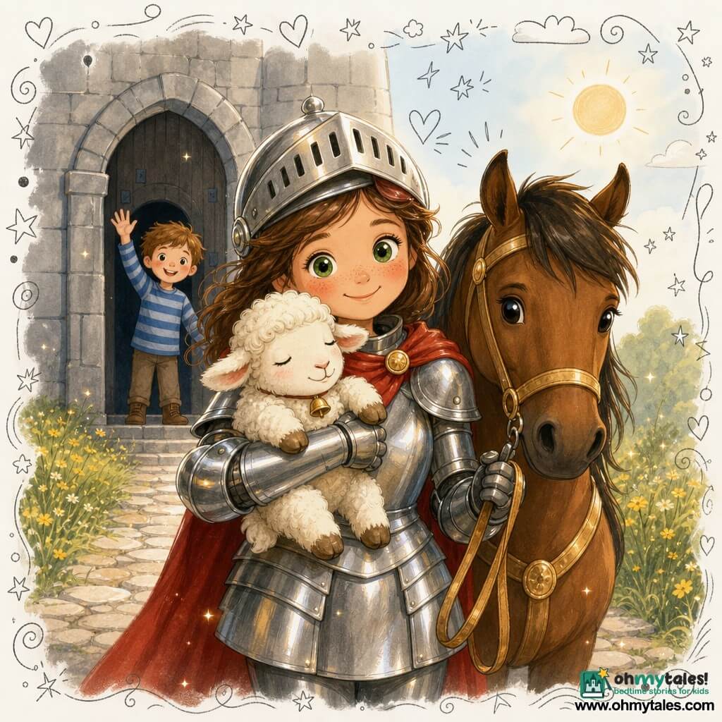 A smiling, tender female knight with a soft helmet and bright red cape holds a white, fluffy lamb against her chest; she has a round face, large green eyes, light freckles and polished warm-toned armor. A small boy in a blue striped shirt waves from a large gray stone gate behind them. A calm bay horse stands beside her with golden reins in her left hand. The paved road to the tall stone gate is bordered by yellow wildflowers and green grass under a soft morning sky; the knight has just found the lost lamb and warms it in her cape, tiny sparks of light showing joy.