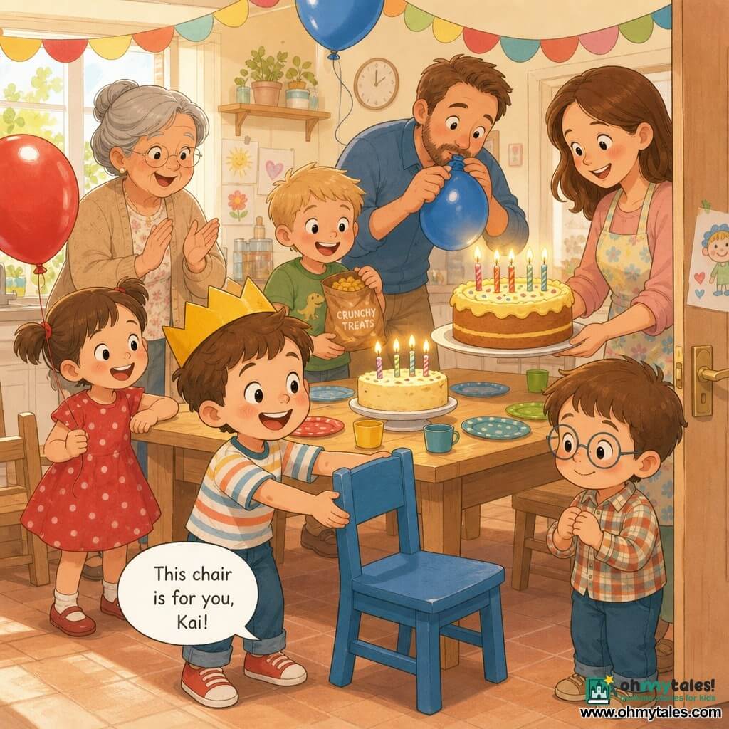 Four-year-old Max, short brown hair, wide smile and bright eyes, wearing a yellow paper crown and striped shirt, enthusiastically offers a blue chair to shy four-year-old Kai—small with round glasses and a plaid shirt—while four-year-old Mia, hair in pigtails and a red polka-dot dress, smiles holding a red balloon to Max’s left; five-year-old Leo, blond in a green tee, stands behind Max holding a bag of crunchy treats; Grandma with gray hair in a bun and a beige cardigan sits clapping in the background; Dad, bearded in a blue shirt, leans in on the right blowing up a balloon; Mom, chestnut-haired in a pastel apron, brings a vanilla cake with yellow frosting and lit candles facing Max. Warm, colorful kitchen with a light wood table, colorful plates, paper garlands, red and blue balloons, soft morning light; tender moment as Max offers his spare chair, everyone radiant around the glowing cake. Soft comic style, thin outlines, vivid pastels, paper textures and warm lighting, clear facial expressions and positive emotions.