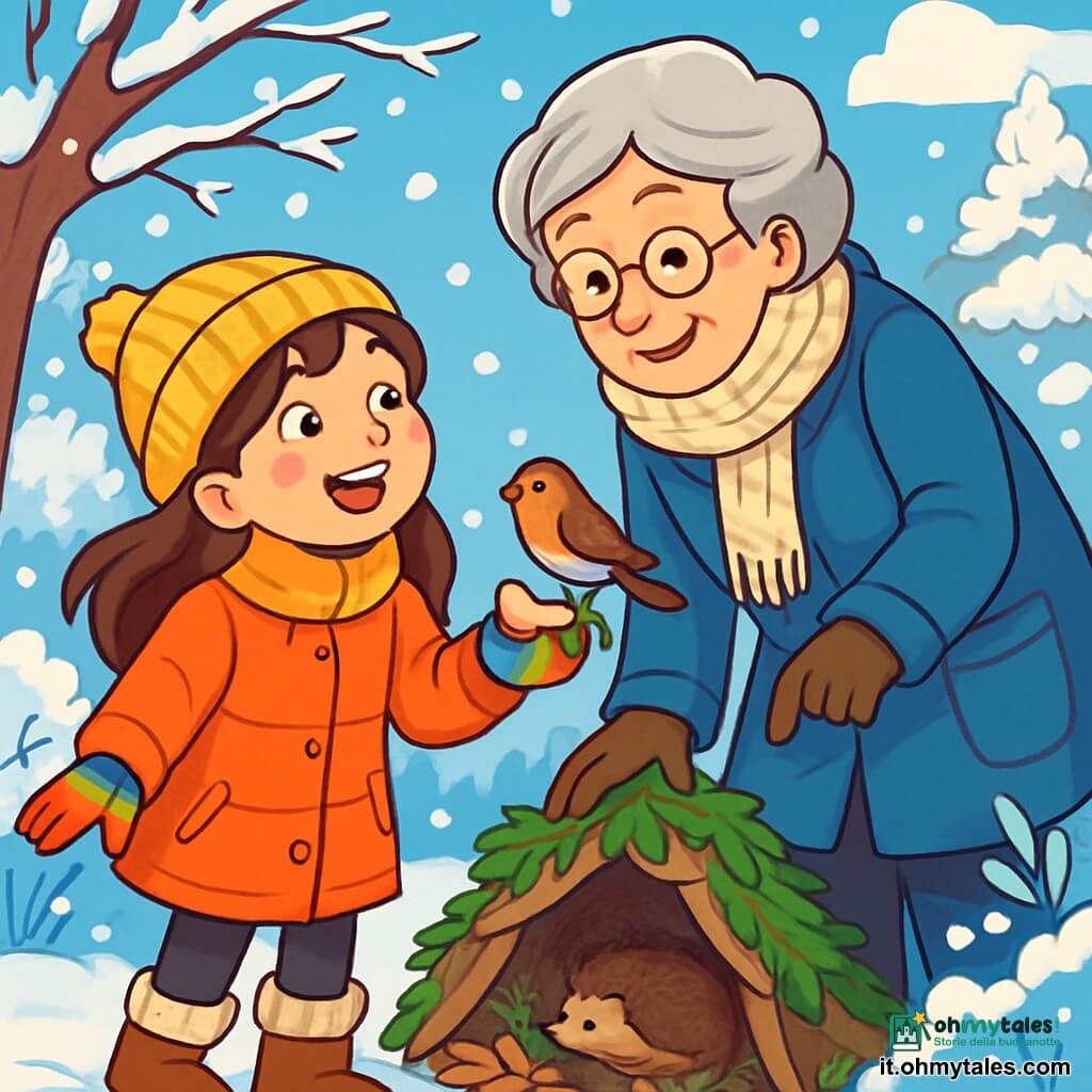 Una ragazza di 10 anni, Clara, con lunghi capelli castani e guance arrossate dal freddo, sorride con meraviglia osservando la neve che cade dolcemente attorno a lei. Indossa un grande cappotto arancione vivo, guanti di lana colorati e stivali foderati, mentre tiene un piccolo pezzo di mela per un uccello. Accanto a lei, sua nonna, una donna anziana con capelli grigi e occhiali rotondi, sorride teneramente, vestita con un cappotto di lana blu e una sciarpa lavorata a maglia. Si piega leggermente verso Clara, mostrandole un riparo fatto di rami e foglie per gli animali. Il luogo è un giardino invernale incantato, con alberi coperti di neve scintillante, cespugli ornati di brina e un cielo blu chiaro punteggiato di nuvole bianche. La scena principale mostra Clara e sua nonna mentre costruiscono un piccolo rifugio per un riccio, circondate da fiocchi di neve che cadono dolcemente, creando un'atmosfera calda e magica, piena di dolcezza e benevolenza.