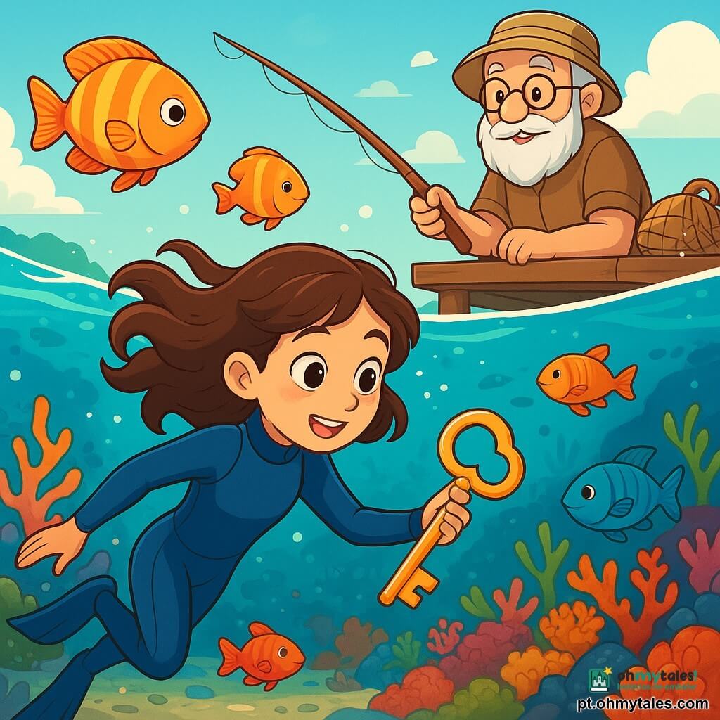 Uma menina de 12 anos, Sofia, com cabelos castanhos ondulados, usa um traje de mergulho azul. Seu rosto expressa grande curiosidade e admiração enquanto explora o fundo do mar. Ela nada graciosamente, cercada por peixes coloridos que dançam ao seu redor. Perto dali, seu avô, um homem idoso com barba branca e óculos redondos, observa Sofia da superfície, com um sorriso orgulhoso no rosto. Ele segura uma vara de pescar e está em um cais, cercado por redes de pesca e velhas lembranças do mar. O local é um recife de corais vibrante, cheio de corais multicoloridos e pequenas cavernas subaquáticas. Raios de luz filtram através da água, iluminando as algas e as criaturas marinhas. Sofia descobre uma chave dourada brilhante enterrada entre os corais, com o coração acelerado de excitação sobre o que isso pode significar.