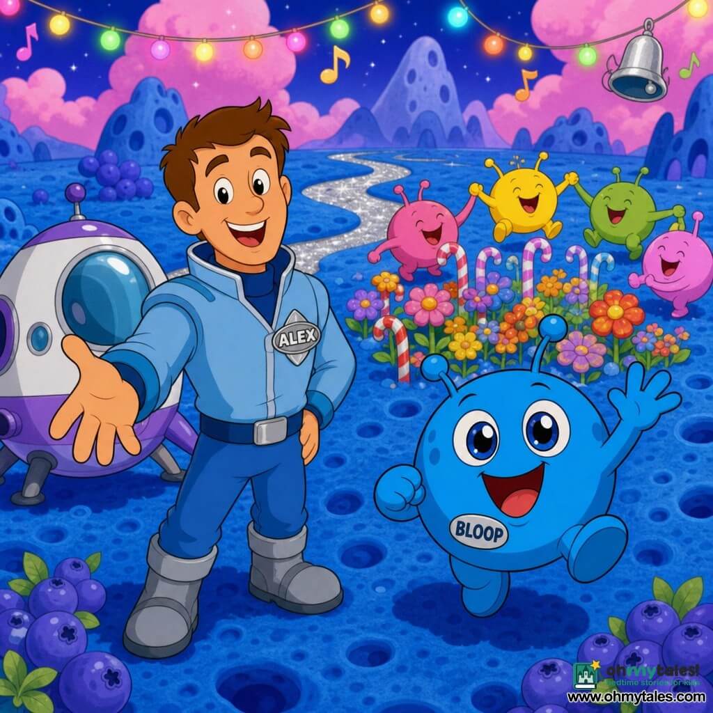 A smiling, amazed man named Alex with short brown hair and a light-blue space jacket with a silver insignia reaches toward a small creature beside his small round white-and-purple ship; to his right Bloop, a round blue creature with big shiny eyes and tiny antennae, hops and waves while laughing; Bloop’s friends—small pink, yellow, and green balls—dance in a circle around a field of multicolored, candy-cane-like flowers on a blueberry-like planet with bouncy sponge-textured ground, pink cottony clouds, sparkling silver rivers and gentle mountains; Alex has just landed and joins a joyful celebration with the blue inhabitants, bell music and floating string lights, in bright colors, rounded outlines, soft lighting and very readable expressions for toddlers.