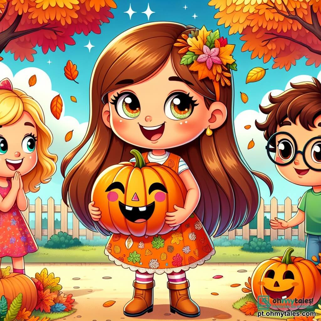 Uma menina de 8 anos, Clara, com longos cabelos castanhos e olhos brilhantes de curiosidade, está no centro da imagem, sorridente e cheia de energia. Ela usa um vestido laranja vivo decorado com padrões de folhas de outono e segura uma grande abóbora decorada com um rosto engraçado, que exibe orgulhosamente para seus amigos. Ao lado dela, Sofie, uma menina de 8 anos com cabelos loiros e cacheados, ri enquanto segura um pequeno galho decorado com folhas coloridas, adicionando um toque de magia à cena. Um menino chamado Miguel, também de 8 anos, está um pouco afastado, com óculos redondos e uma camiseta verde, observando a cena com um sorriso divertido, pronto para se juntar à festa. O local é um encantador pátio escolar, cercado por árvores com folhas vibrantes de vermelho, dourado e laranja, com uma grande faixa de papel pendurada entre duas árvores, anunciando o "Festival de Outono". Folhas caem suavemente ao redor deles, criando uma atmosfera acolhedora e festiva. A cena principal mostra Clara, Sofie e Miguel celebrando o Festival de Outono, cercados por decorações coloridas, rindo e compartilhando histórias enquanto admiram sua abóbora criativa, símbolo de sua amizade e da magia desta estação.