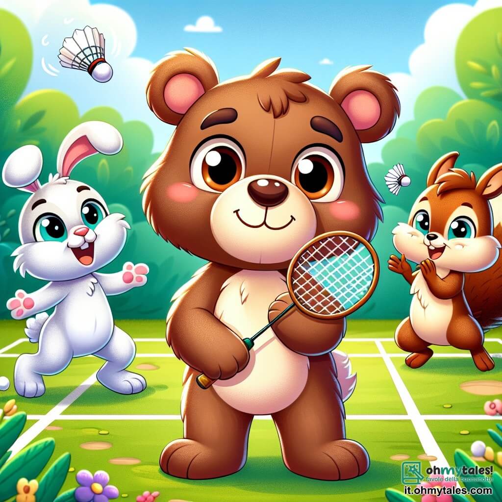 Un piccolo orso bruno, di nome Bruno, con un pelo morbido e occhi rotondi e brillanti, si trova al centro di un campo da badminton, un po' titubante ma sorridente, mentre tiene una racchetta tra le zampe. Alla sua destra, una piccola coniglietta bianca con grandi orecchie, piena di energia e gioia, lo incoraggia con un grande sorriso, pronta a giocare. A sinistra, uno scoiattolo birichino con una coda folta e occhi scintillanti applaude e salta di gioia, mostrando il suo entusiasmo. Lo scenario è una radura soleggiata, circondata da alberi verdi e fogliosi, con fiori colorati che danzano al vento. Sullo sfondo, un cielo blu chiaro aggiunge un tocco di magia alla scena. Bruno, sebbene timido, si lancia nel gioco, pronto a colpire il volano che si alza in aria, mentre i suoi amici lo incoraggiano con entusiasmo, creando un'atmosfera gioiosa e amichevole.