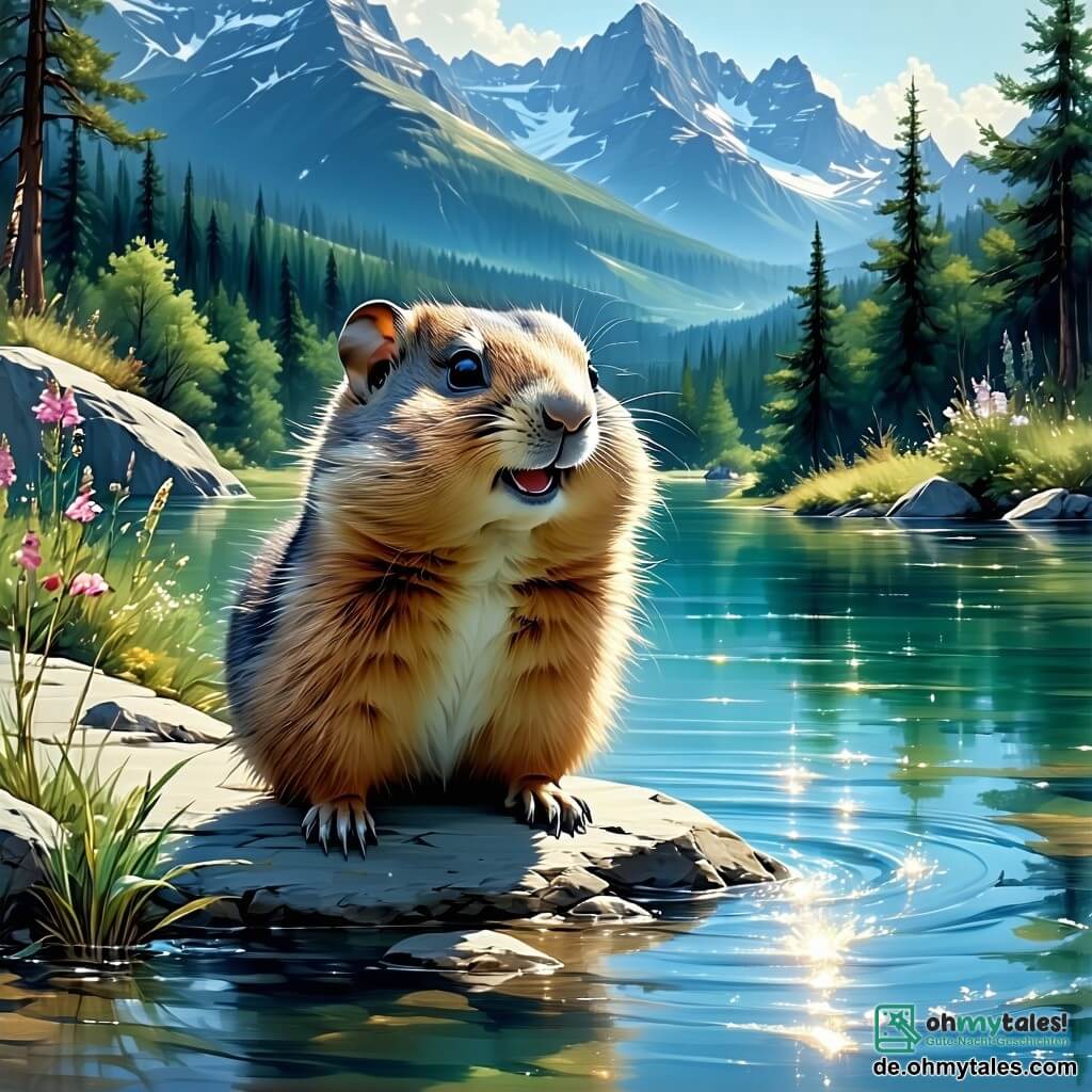 Eine kleine Murmeltiere namens Maja mit weichem braunem Fell und neugierigen Augen steht fröhlich am Ufer eines wunderschönen, funkelnden Wassers, mit einem Lächeln im Gesicht, bereit die Welt um sich herum zu erkunden. Neben ihr sitzt ein kleiner Hase mit großen Ohren, weißem Fell und traurigen Augen, der die Landschaft bewundernd betrachtet und sich durch Majas Anwesenheit getröstet fühlt. Im Hintergrund stürzt ein majestätischer Wasserfall kristallklares Wasser in ein Becken, umgeben von bunten Blumen und üppigem Grün, was eine magische und friedliche Atmosphäre schafft. Maja und der Hase stehen zusammen und bewundern die Schönheit der Landschaft, bereit, neue Abenteuer am funkelnden Wasser zu erleben.