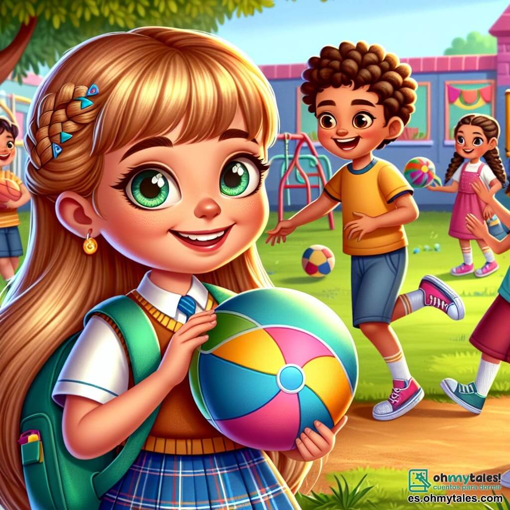 Una niña de 10 años, Lucía, con largos cabellos dorados y ojos brillantes de alegría, está en el centro de la escena, sonriendo y llena de energía, vistiendo un uniforme escolar colorido. A su lado, otra niña, María, también de 10 años, tiene cabello castaño y trenzas, ríe y sostiene un globo colorido, mostrando su entusiasmo por el regreso a clases. Al fondo, un grupo de niños, Pablo y Juan, de 10 años, juegan a la pelota, con rostros radiantes de felicidad, mientras otros niños se divierten a su alrededor. El lugar es un patio de escuela animado, rodeado de paredes pintadas de colores vivos, con juegos como columpios y un tobogán, y árboles verdes que aportan un toque de naturaleza. La situación principal muestra a Lucía y sus nuevos amigos preparándose para jugar juntos, ilustrando la alegría y la emoción del regreso a clases, con sonrisas brillantes y una atmósfera palpable de camaradería.