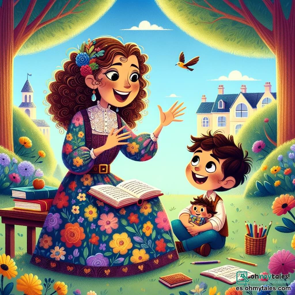 La escena muestra a una maestra, señora Elena, una mujer de unos treinta años con cabello rizado y una gran sonrisa cálida. Lleva un vestido colorido con flores y está sentada en un banco de madera, rodeada de libros y lápices, mientras cuenta una historia con entusiasmo, sus ojos brillando de alegría. A su lado está Pablo, un niño de 8 años con cabello castaño desordenado y ojos curiosos. Está sentado en el suelo, con las piernas cruzadas, escuchando atentamente, con una gran sonrisa en su rostro, sosteniendo un pequeño peluche en sus brazos. El lugar es un parque soleado, lleno de flores multicolores y árboles majestuosos, con un cielo azul claro y algunas nubes blancas. Los pájaros cantan en las ramas, añadiendo un ambiente alegre a la escena. La situación principal muestra a la señora Elena compartiendo historias cautivadoras con Pablo, quien está maravillado por sus palabras, creando un momento mágico de aprendizaje y amistad bajo el suave sol del parque.