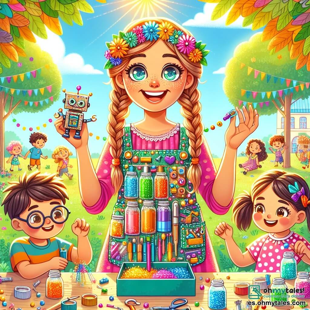 Una mujer inventora sonriente, con trenzas adornadas con pequeñas flores de colores, se encuentra en el centro de un parque soleado. Lleva un chaleco multicolor lleno de herramientas y gadgets brillantes, y su mirada radiante de alegría y entusiasmo muestra su pasión por la invención. A su derecha, un niño de 8 años, con gafas redondas y cabello despeinado, observa atentamente un robot de cartón que ha construido, con los ojos abiertos de asombro. A su izquierda, una niña de 7 años, con un vestido de lunares y dos coletas, mezcla colores vivos en un pequeño tarro, con una sonrisa radiante en su rostro. El parque está lleno de vegetación, con árboles de hojas brillantes, flores coloridas y niños jugando al fondo. Mesas cubiertas de materiales reciclados, como botellas de plástico y cartones, crean un ambiente de creatividad y colaboración. La escena principal muestra a la mujer inventora rodeada de niños, todos compartiendo sus ideas y creaciones, con risas y expresiones de emoción en sus rostros, ilustrando la magia de la invención y la imaginación.