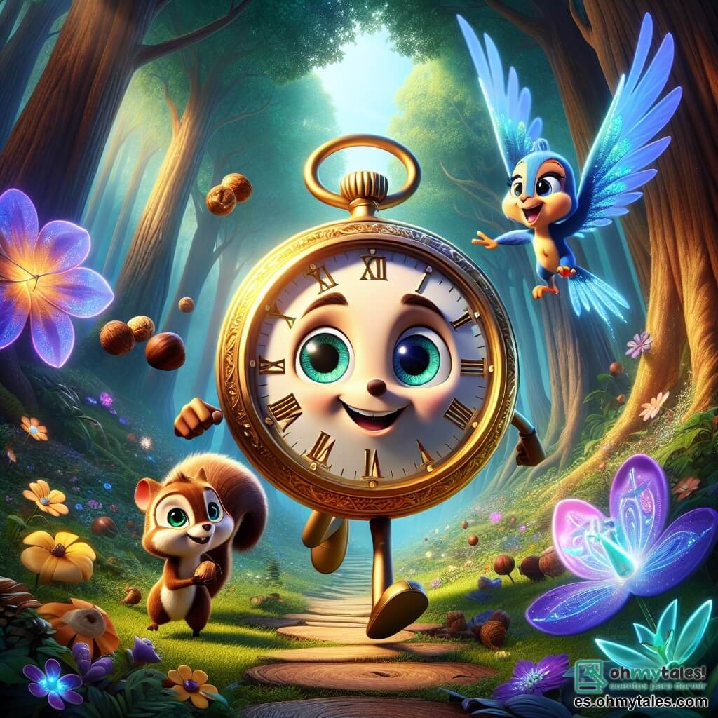 En el centro de la imagen, Tic, un pequeño y valiente reloj animado, tiene forma redonda y dorada, con engranajes brillantes visibles a través de su esfera. Muestra una expresión decidida y alegre, con sus manecillas apuntando al cielo mientras se prepara para explorar el misterioso Bosque de las Maravillas Ocultas. A su derecha, Nuez, una pequeña ardilla de ojos brillantes y pelaje marrón, está recogiendo nueces con una sonrisa traviesa, lista para seguir a su amigo en la aventura. A la izquierda, Azul, un pájaro azul brillante con plumas resplandecientes, vuela alegremente alrededor de Tic, con sus alas desplegadas y una expresión entusiasta. El decorado es un hermoso bosque encantado, con árboles de troncos gruesos y hojas de colores vibrantes, desde el verde esmeralda hasta el violeta profundo. Flores con pétalos brillantes y criaturas mágicas, como mariposas con alas de cristal, añaden un toque de fantasía al entorno. La escena principal muestra a Tic y sus amigos al borde del Bosque de las Maravillas Ocultas, listos para entrar en un mundo lleno de misterios y maravillas, con sus corazones latiendo de emoción y anticipación por la aventura que les espera.