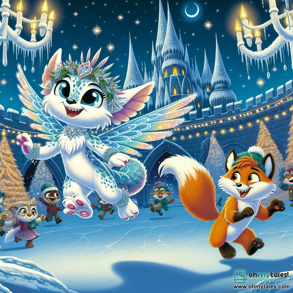 Elara, a magical creature with shimmering scales and wings bright as snow, joyfully flies above an ice palace, her face radiant with excitement and happiness as she discovers the New Year's celebration venue. Beside her, Jasper, a clever fox with bright orange fur and mischievous eyes, leaps energetically, his expression full of curiosity and enthusiasm, ready to explore this enchanted world. The ice palace is majestic, with sparkling towers under the moonlight, crystal chandeliers, and garlands of fir adorned with glistening snowflakes, creating a magical and festive atmosphere. The main scene shows Elara and Jasper, awestruck, discovering the sumptuous interior of the palace, filled with laughter and music, as villagers dance and celebrate together, illuminating the night with joyful warmth and bright light.