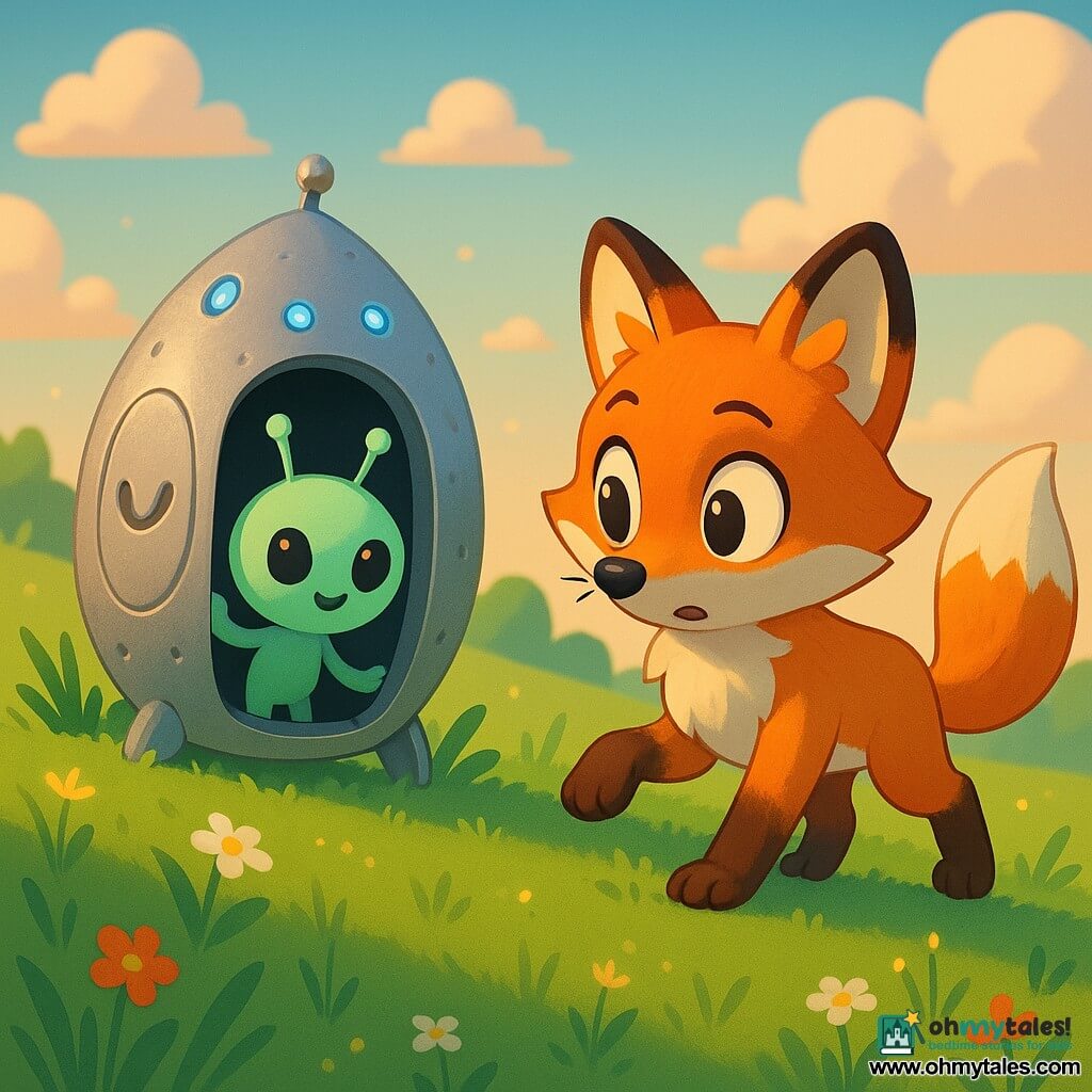 A small red fox with big curious eyes and a white chest cautiously approaches a shiny, silver, seed-shaped spaceship with a smiling hatch and blinking blue lights; a pale mint, round, friendly alien with two large black eyes and thin antennae leans out shyly as if saying hello, while they stand on a gentle, wildflower-speckled meadow with grasses that glitter like fireflies under soft late-afternoon light, creating a warm, curious first encounter.