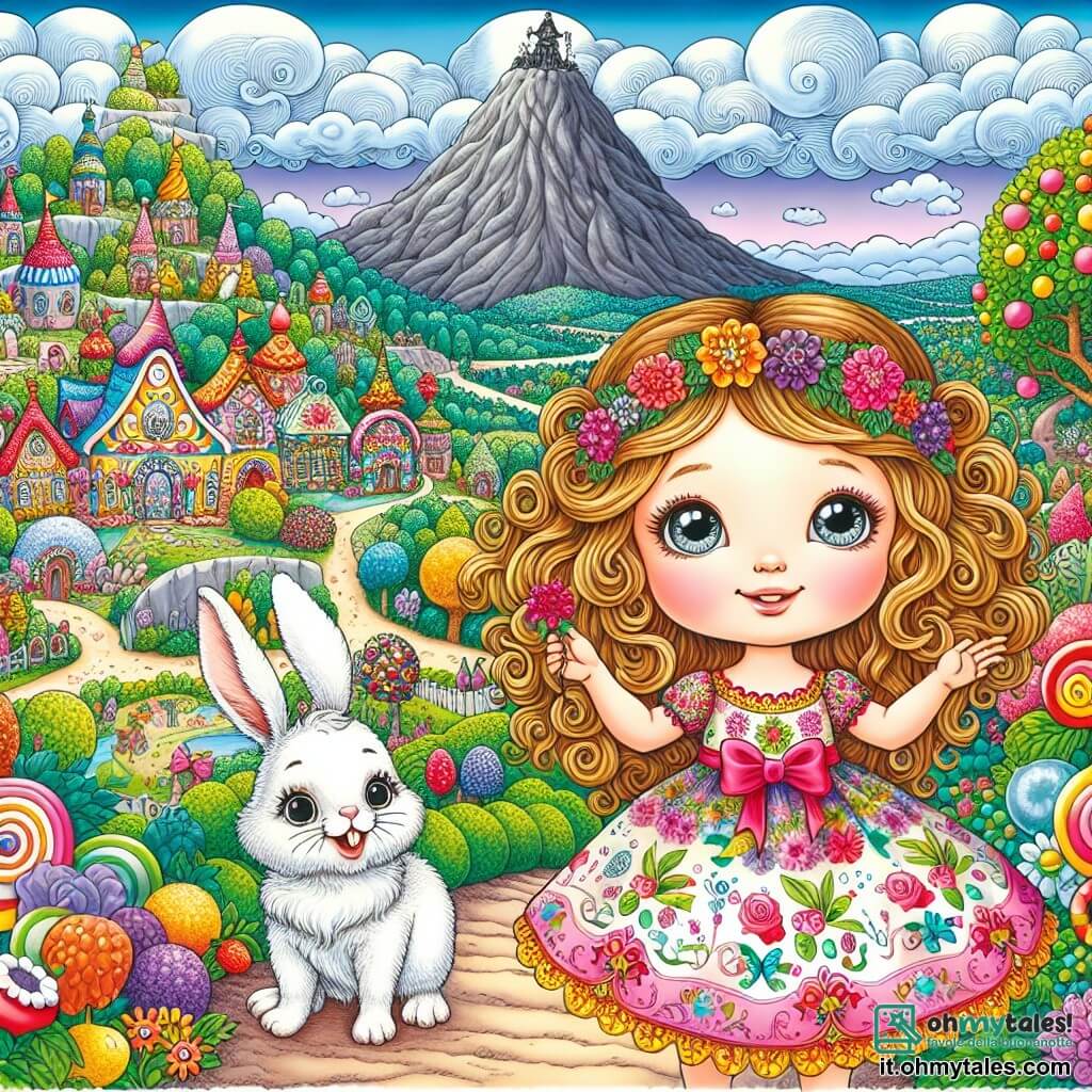 Una bambina di 3 anni, Sofia, con grandi occhi brillanti e capelli ricci dorati, si trova al centro dell'immagine, sorridente e piena di meraviglia. Indossa un vestito colorato decorato con fiori e tiene un mazzo di fiori tra le mani. Accanto a lei c'è un coniglio bianco di nome Bianchino, con lunghe orecchie e un pelo lucente, che guarda Sofia con occhi scintillanti, pronto a accompagnarla nell'avventura. Sullo sfondo, si estende un paesaggio incantevole del Regno delle Meraviglie, con case di caramelle, alberi dai frutti multicolori e un cielo blu punteggiato di nuvole morbide. La scena mostra Sofia e Bianchino che si dirigono verso una montagna scura dove si nasconde il Mago Grigio, simboleggiando l'avventura e la sfida da affrontare per ritrovare la magia dei colori.